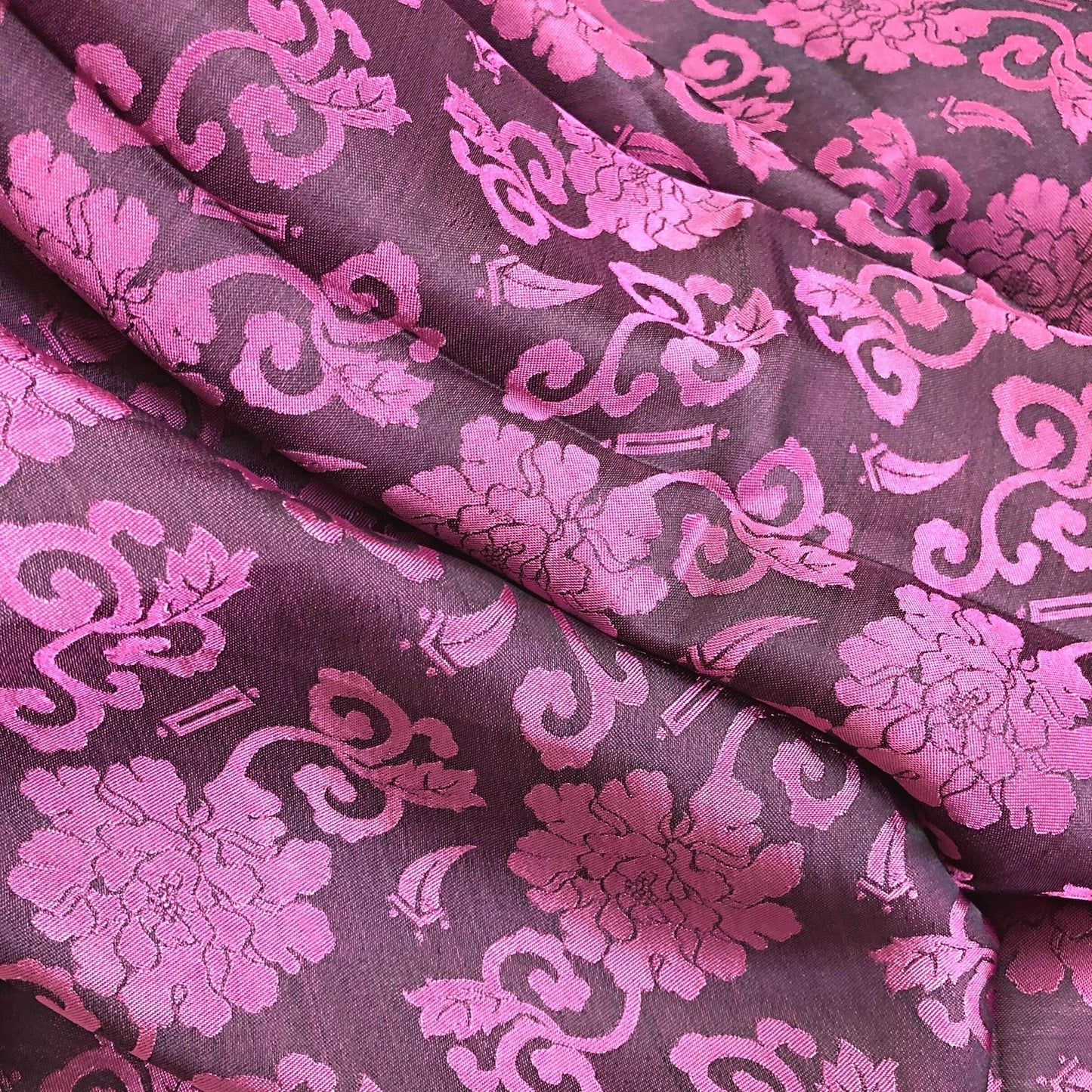Dark pink fabric with rose blossom pattern, Pure mulberry silk, Handmade fabric, Organic fiber