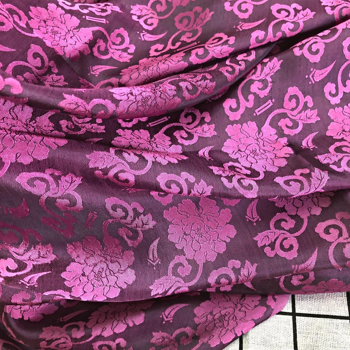 Dark pink fabric with rose blossom pattern, Pure mulberry silk, Handmade fabric, Organic fiber