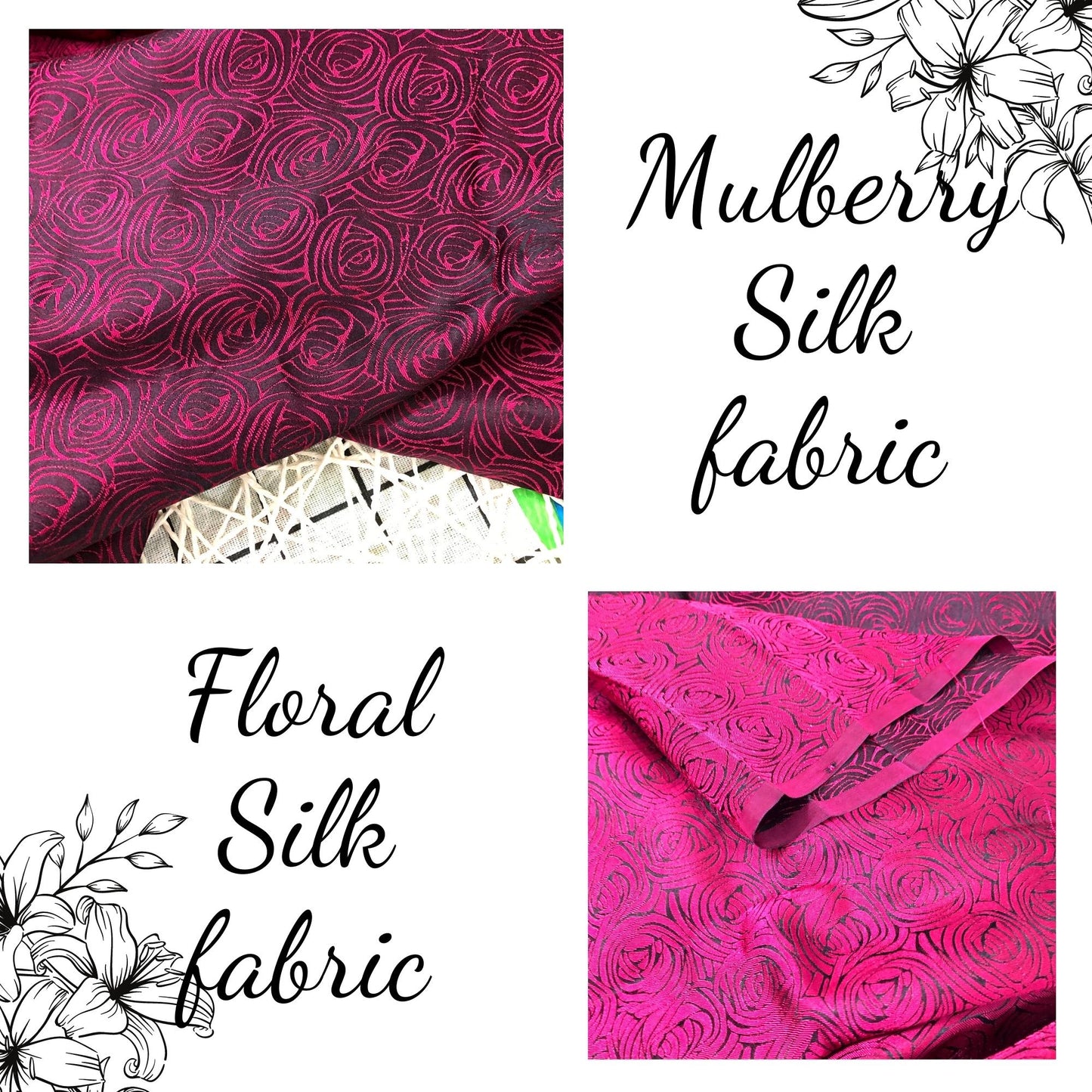 Dark pink silk fabric with mulberry cabbage pattern, Pure mulberry silk, Handmade fabric, Organic fiber