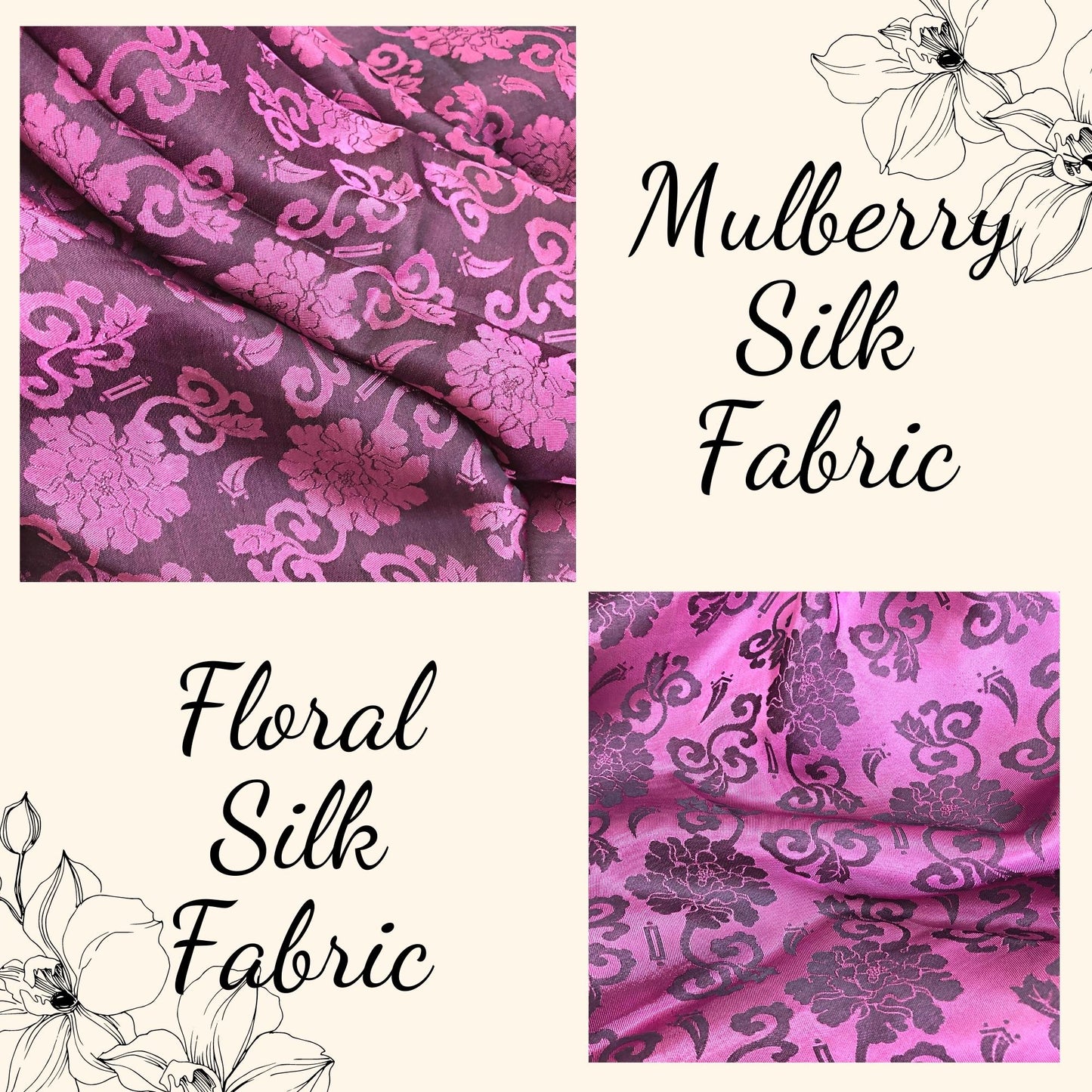 Dark pink fabric with rose blossom pattern, Pure mulberry silk, Handmade fabric, Organic fiber