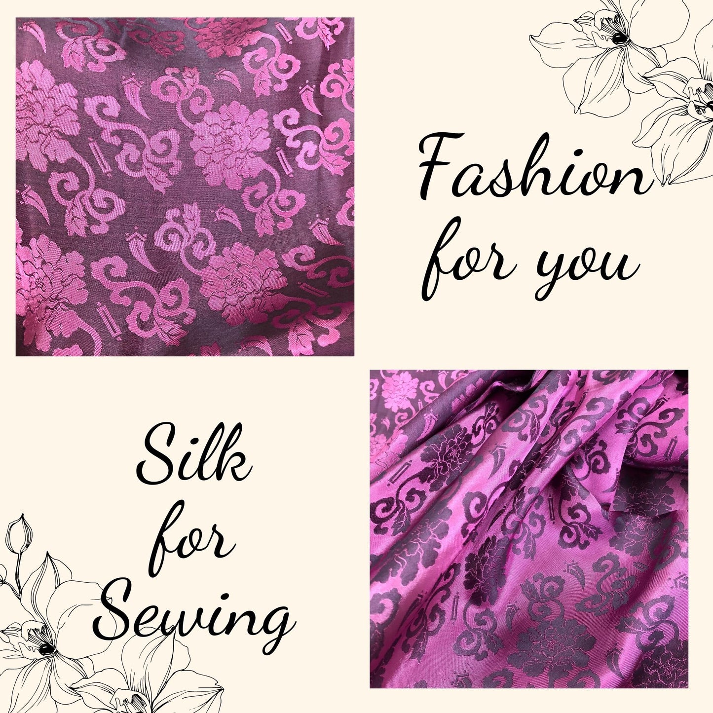 Dark pink fabric with rose blossom pattern, Pure mulberry silk, Handmade fabric, Organic fiber