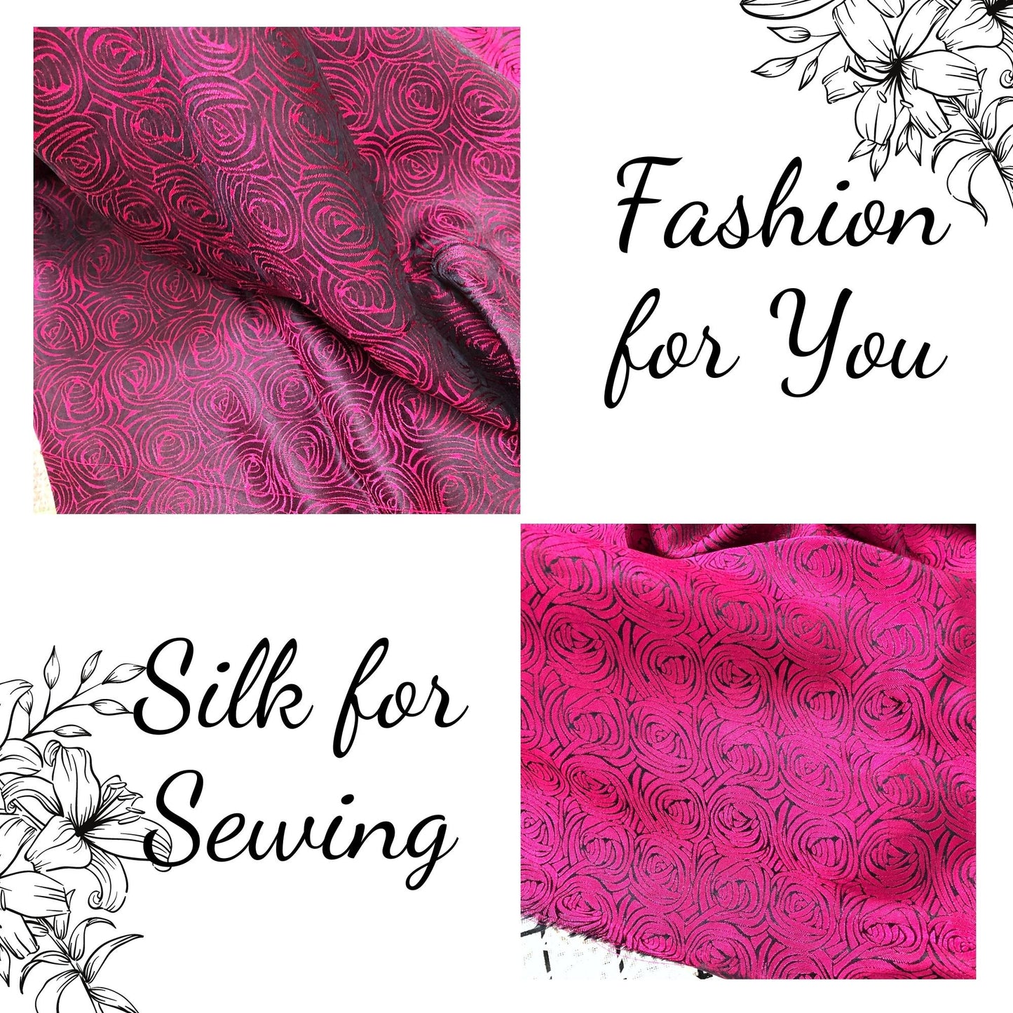 Dark pink silk fabric with mulberry cabbage pattern, Pure mulberry silk, Handmade fabric, Organic fiber