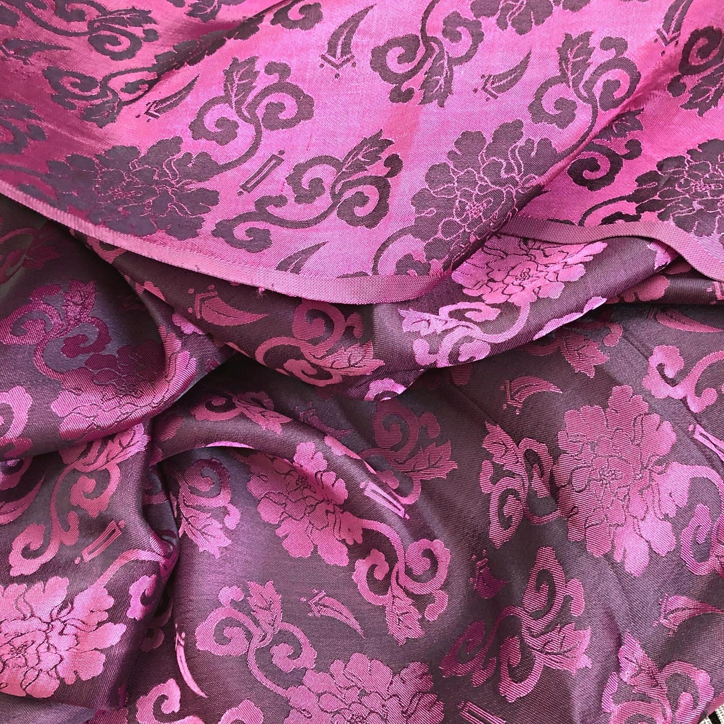 Dark pink fabric with rose blossom pattern, Pure mulberry silk, Handmade fabric, Organic fiber