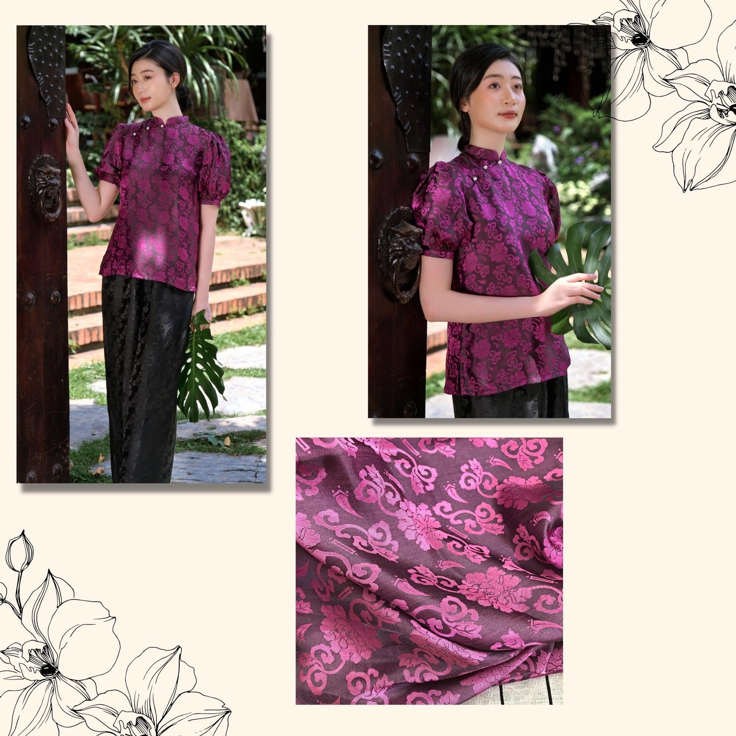 Dark pink fabric with rose blossom pattern, Pure mulberry silk, Handmade fabric, Organic fiber