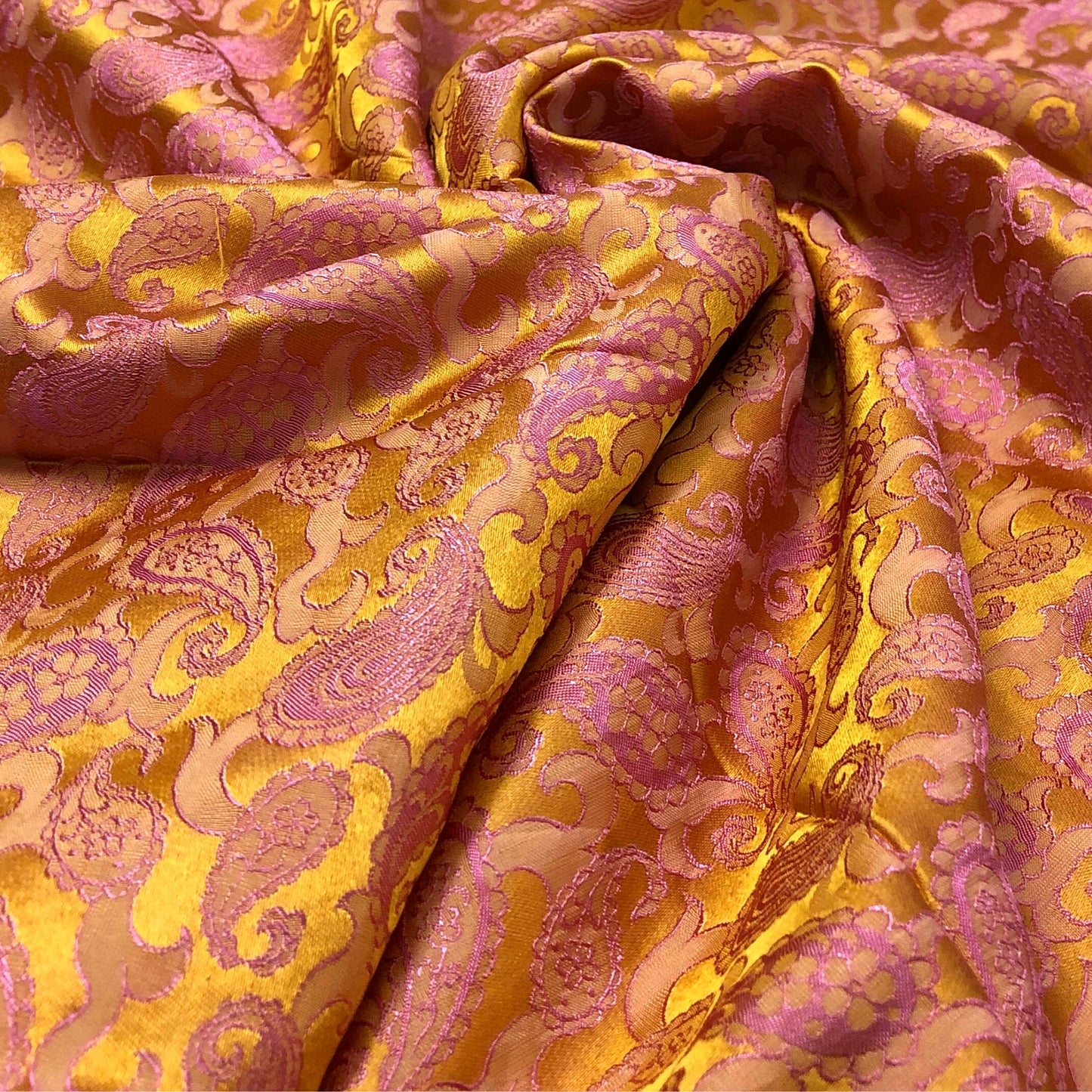Pink Yellow fabric with mulberry peacock tails pattern, Pure mulberry silk, Handmade fabric, Organic fiber