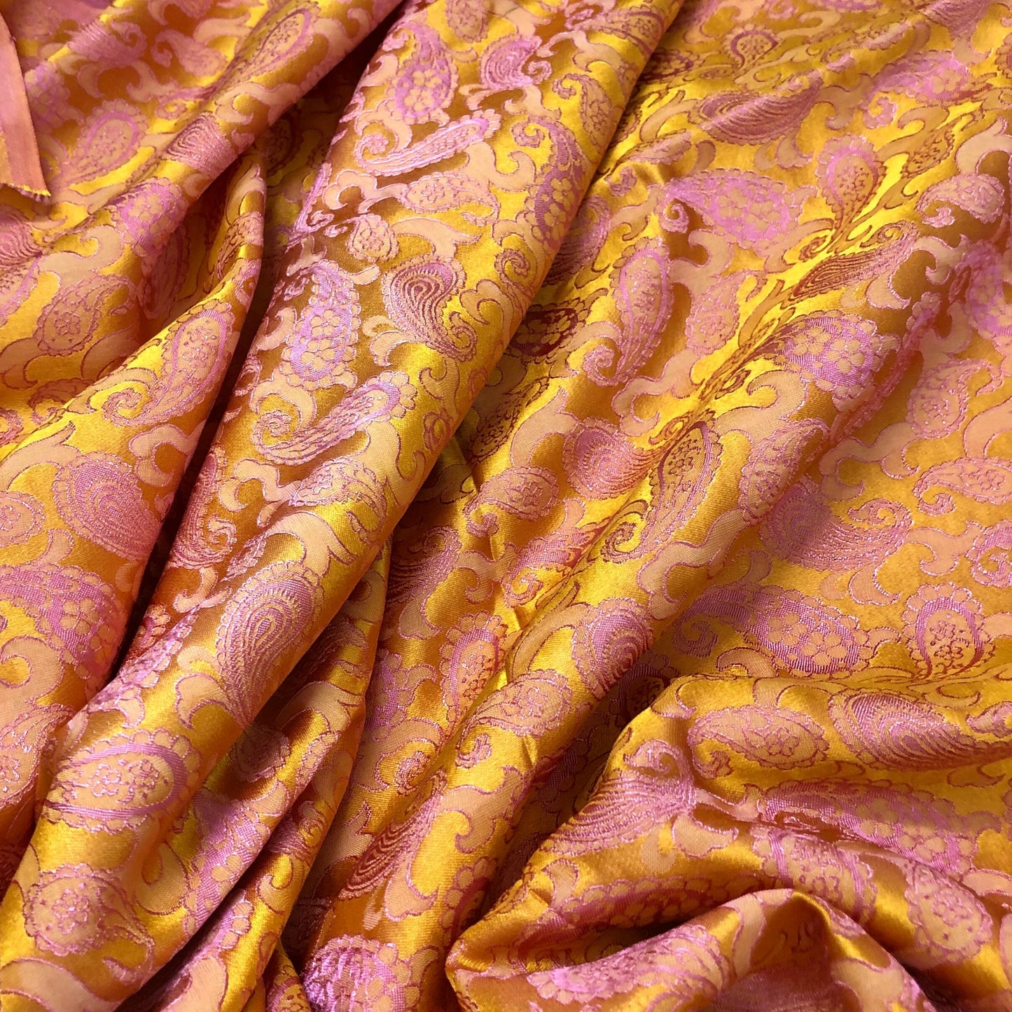 Pink Yellow fabric with mulberry peacock tails pattern, Pure mulberry silk, Handmade fabric, Organic fiber