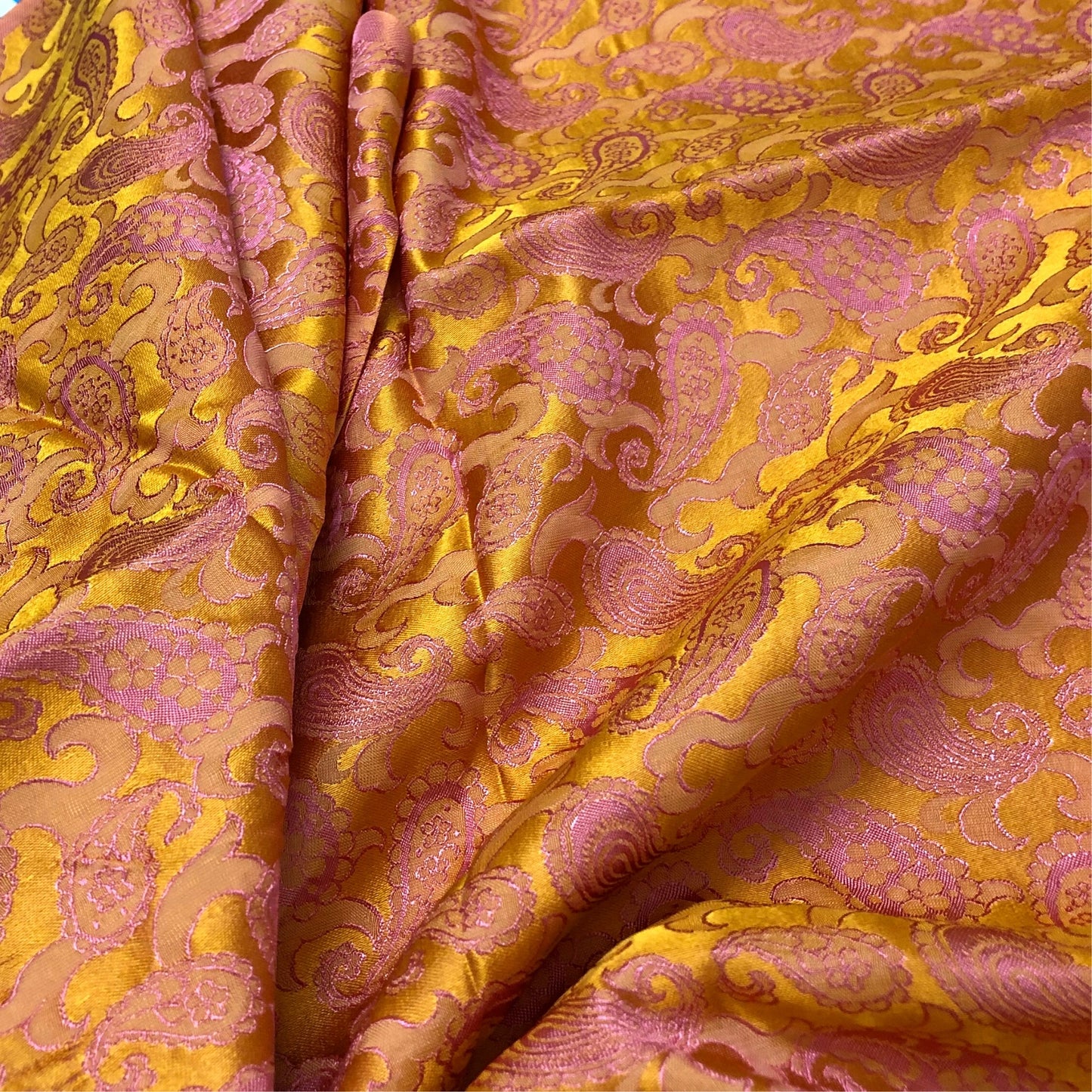 Pink Yellow fabric with mulberry peacock tails pattern, Pure mulberry silk, Handmade fabric, Organic fiber