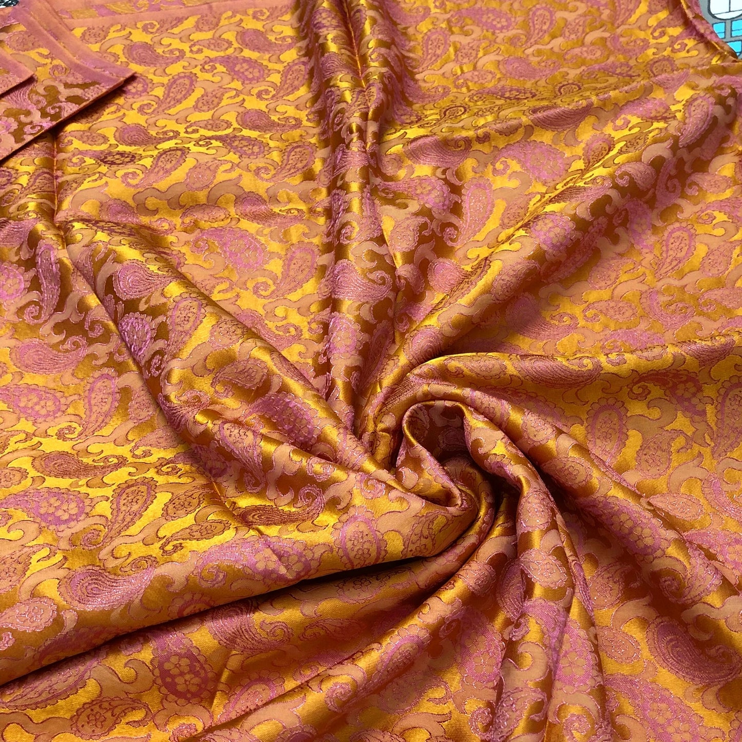 Pink Yellow fabric with mulberry peacock tails pattern, Pure mulberry silk, Handmade fabric, Organic fiber