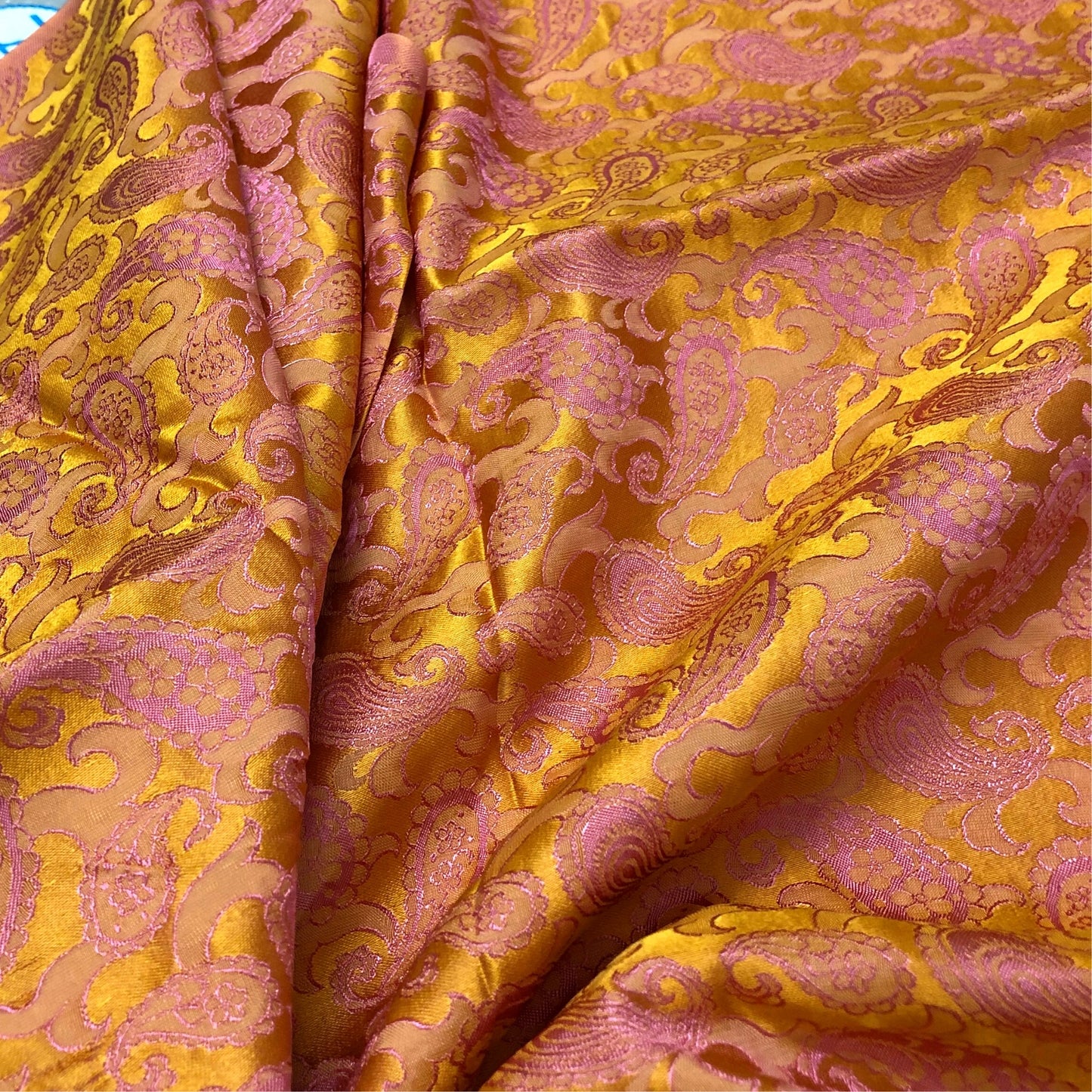 Pink Yellow fabric with mulberry peacock tails pattern, Pure mulberry silk, Handmade fabric, Organic fiber