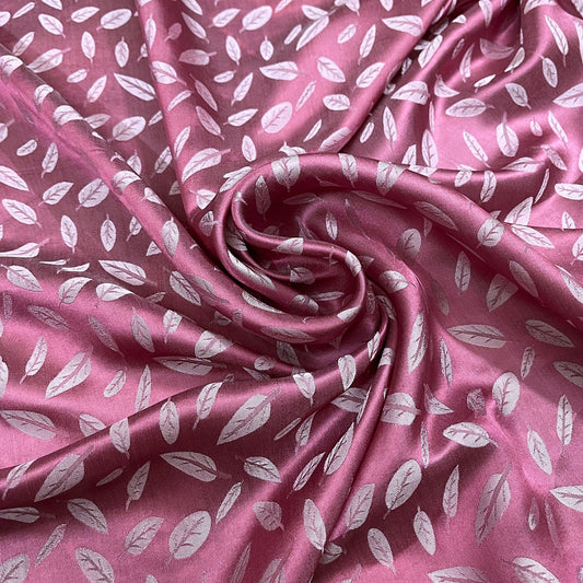 Pink silk with white leaf  pattern fabric, Pure mulberry silk, Handmade fabric, Organic fiber, Vintage textile, Dress making, Gift for women, Silk dress