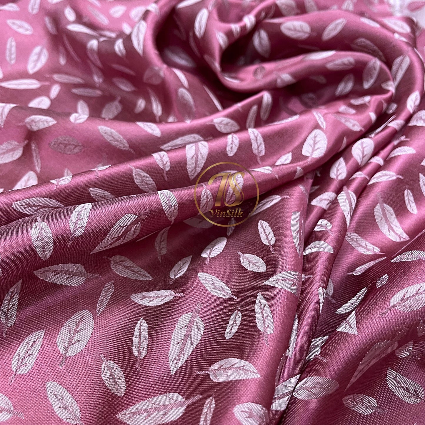 Pink silk with white leaf  pattern fabric, Pure mulberry silk, Handmade fabric, Organic fiber, Vintage textile, Dress making, Gift for women, Silk dress