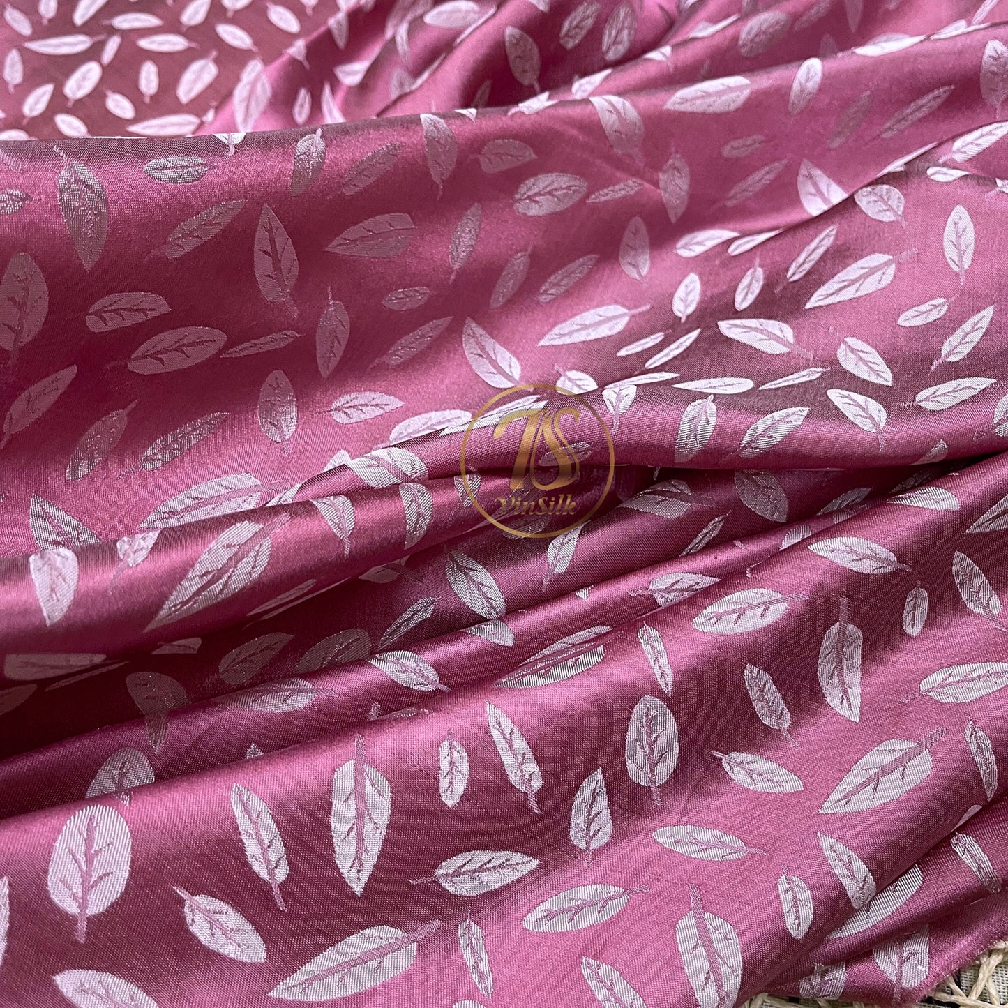 Pink silk with white leaf  pattern fabric, Pure mulberry silk, Handmade fabric, Organic fiber, Vintage textile, Dress making, Gift for women, Silk dress