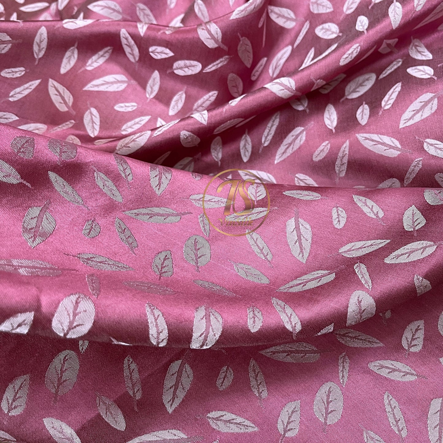 Pink silk with white leaf  pattern fabric, Pure mulberry silk, Handmade fabric, Organic fiber, Vintage textile, Dress making, Gift for women, Silk dress