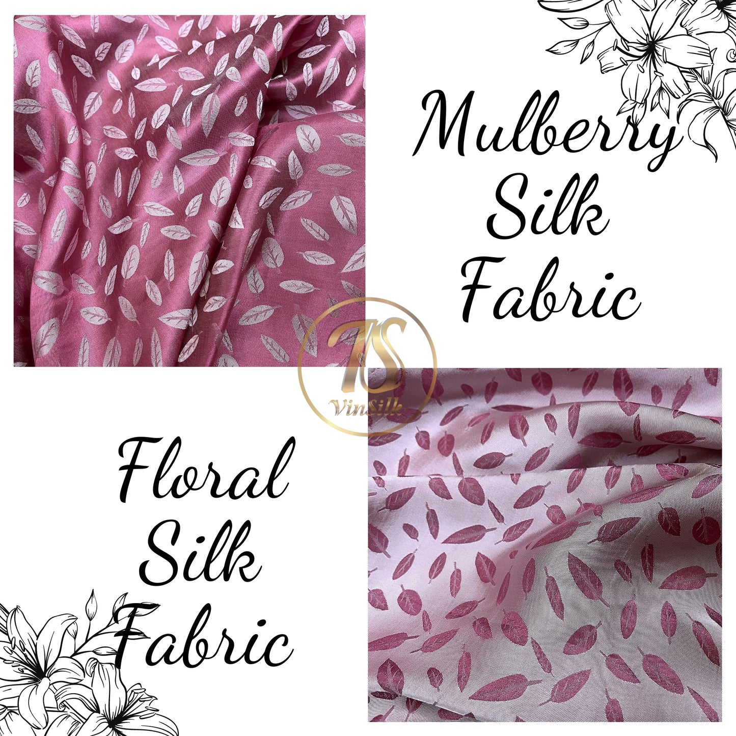 Pink silk with white leaf  pattern fabric, Pure mulberry silk, Handmade fabric, Organic fiber, Vintage textile, Dress making, Gift for women, Silk dress