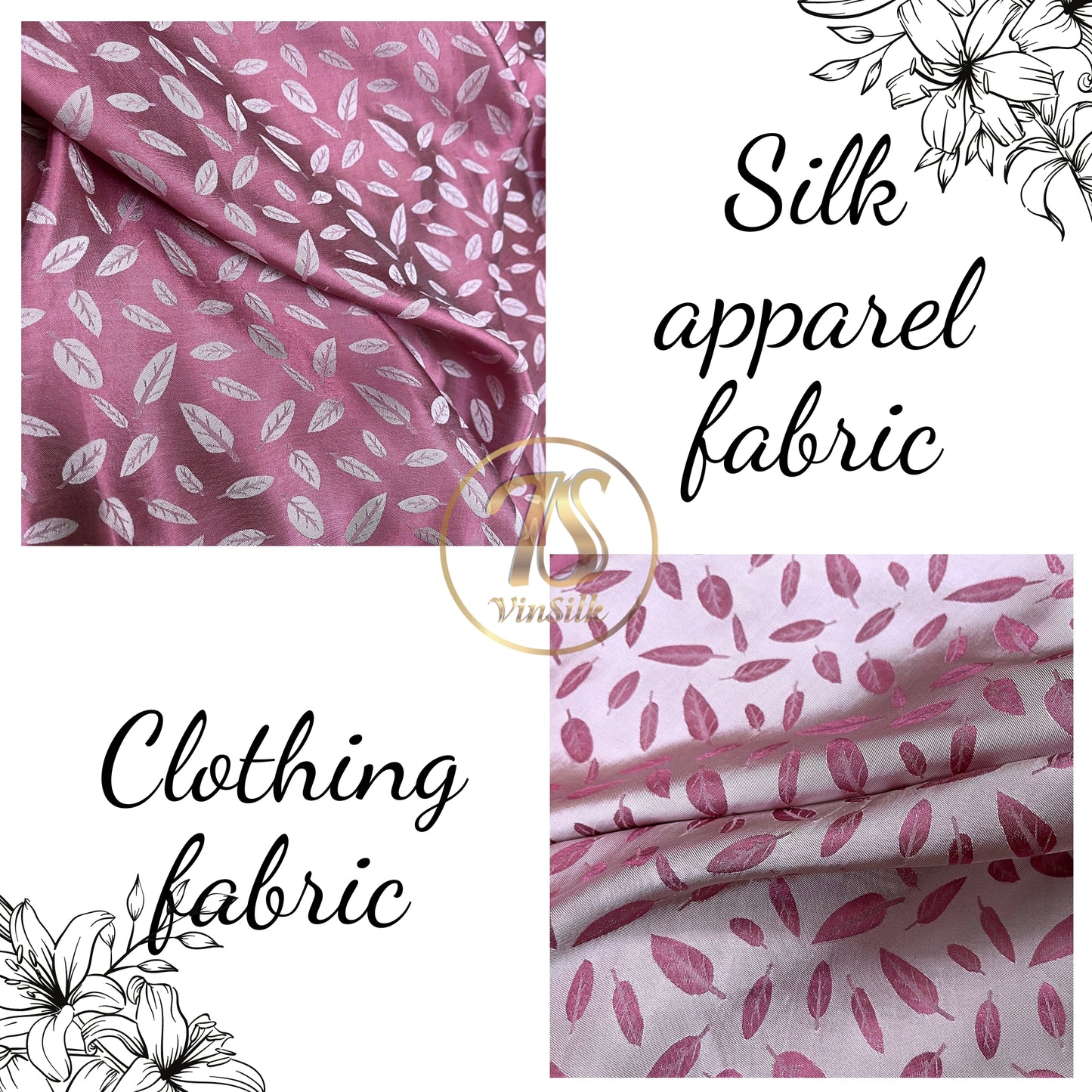 Pink silk with white leaf  pattern fabric, Pure mulberry silk, Handmade fabric, Organic fiber, Vintage textile, Dress making, Gift for women, Silk dress