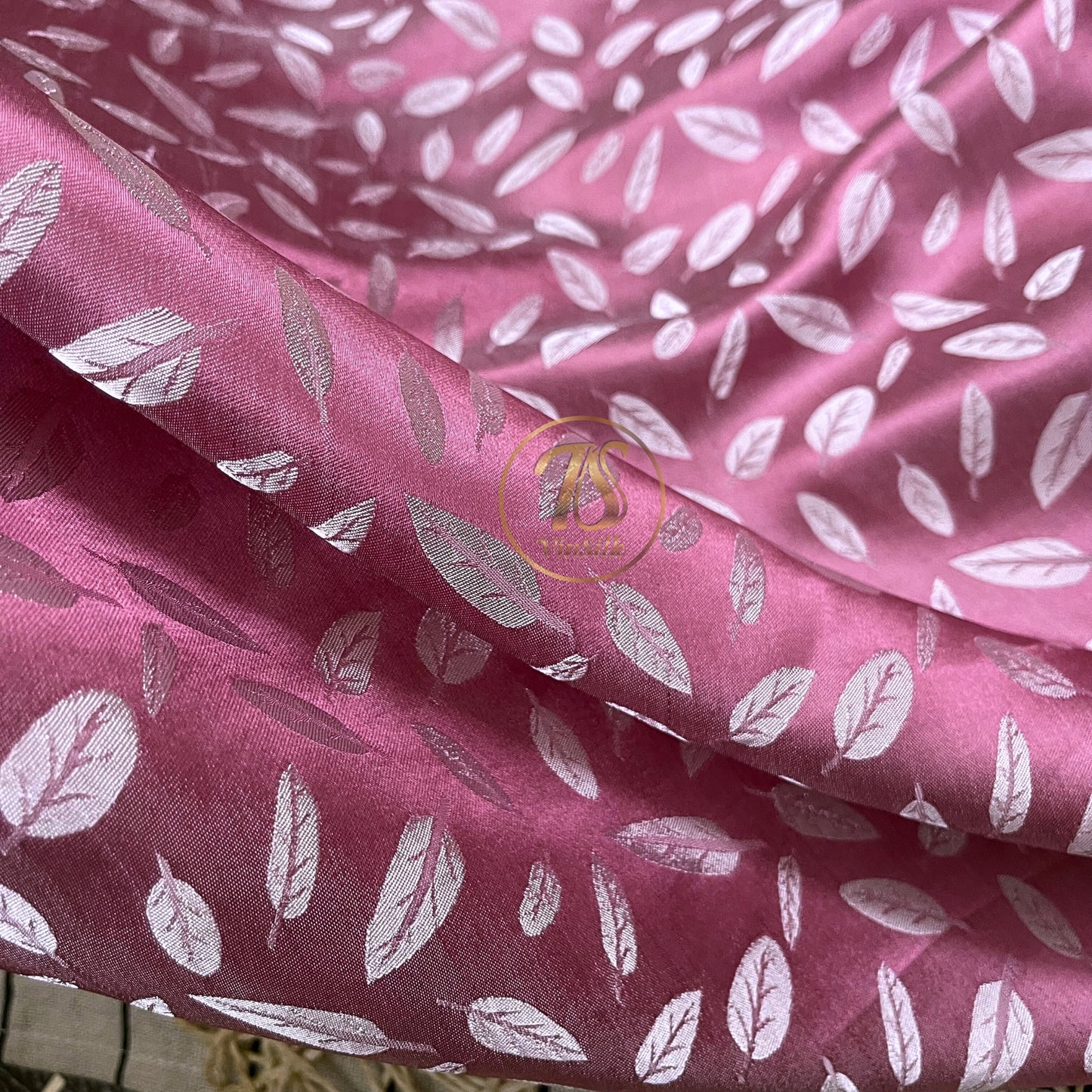 Pink silk with white leaf  pattern fabric, Pure mulberry silk, Handmade fabric, Organic fiber, Vintage textile, Dress making, Gift for women, Silk dress