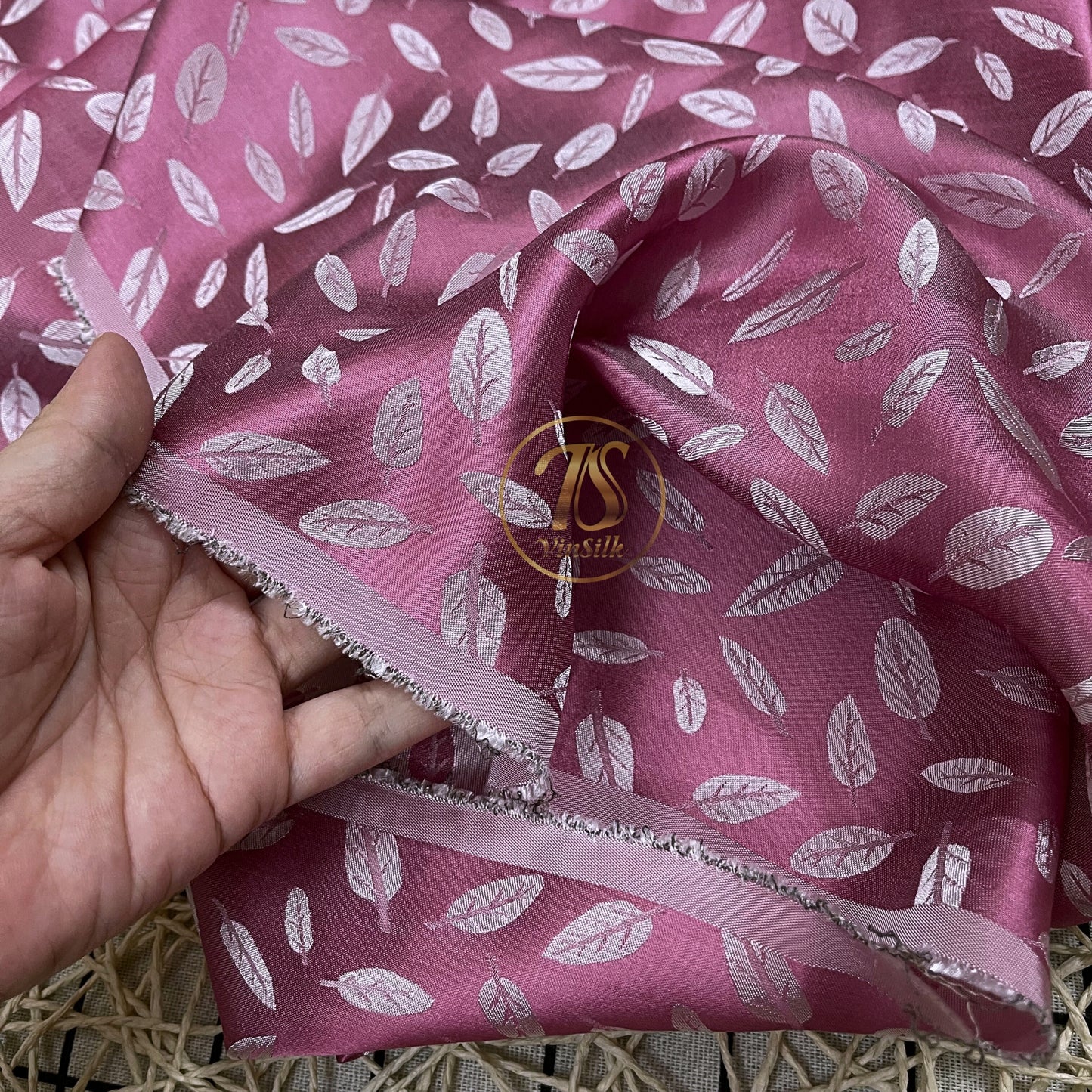 Pink silk with white leaf  pattern fabric, Pure mulberry silk, Handmade fabric, Organic fiber, Vintage textile, Dress making, Gift for women, Silk dress