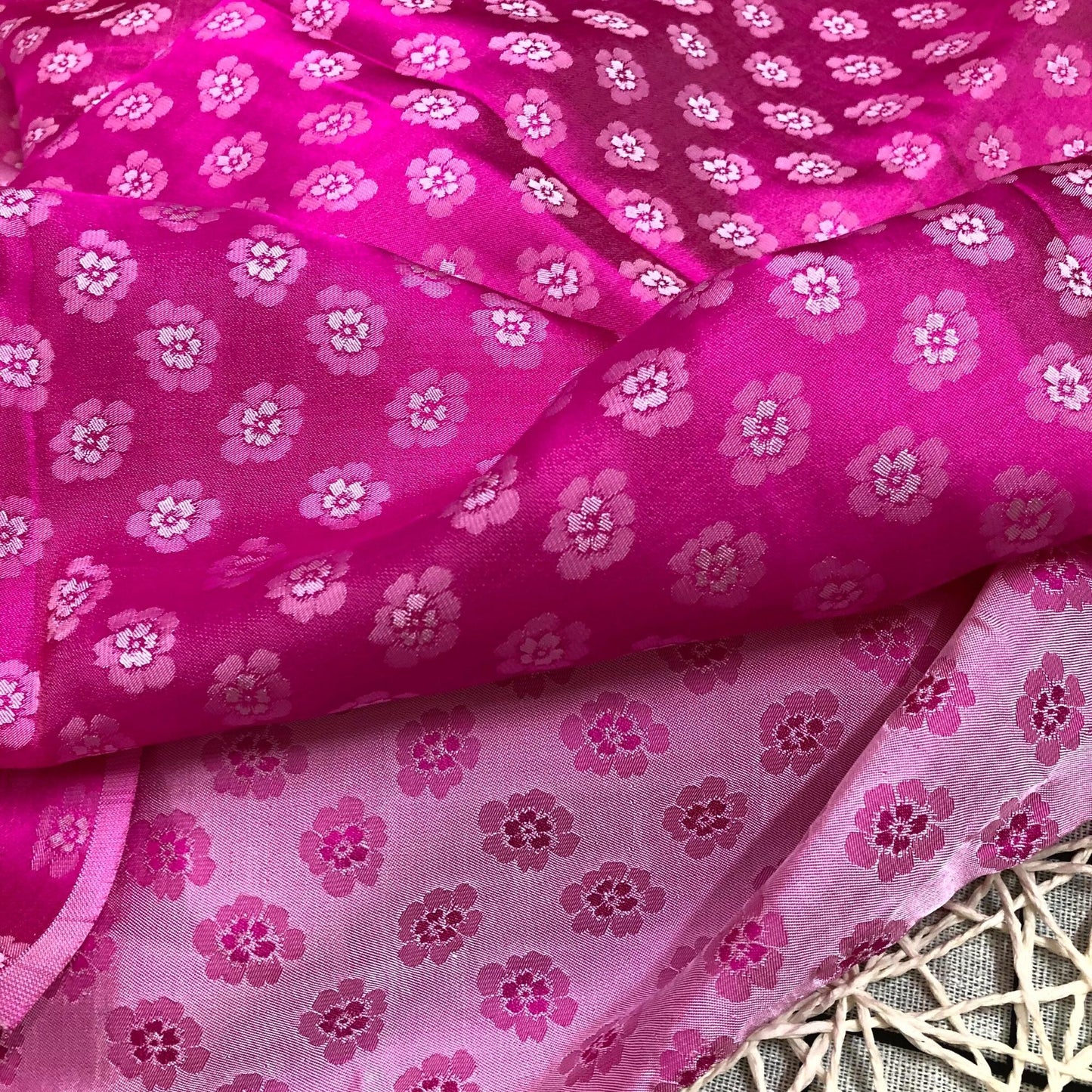 Pink silk with peach pattern fabric, Pure mulberry silk, Handmade fabric, Organic fiber, Vintage textile