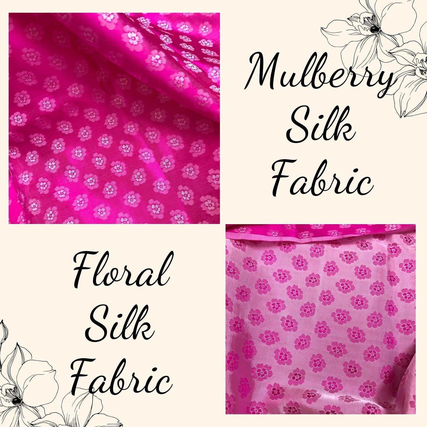 Pink silk with peach pattern fabric, Pure mulberry silk, Handmade fabric, Organic fiber, Vintage textile