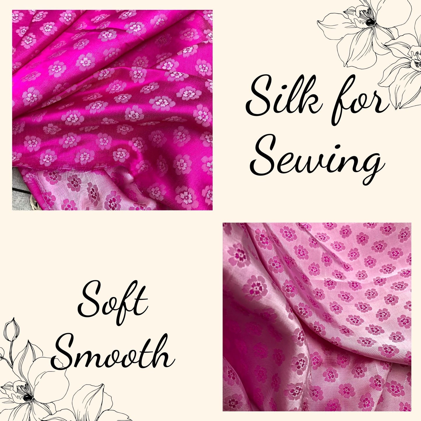 Pink silk with peach pattern fabric, Pure mulberry silk, Handmade fabric, Organic fiber, Vintage textile