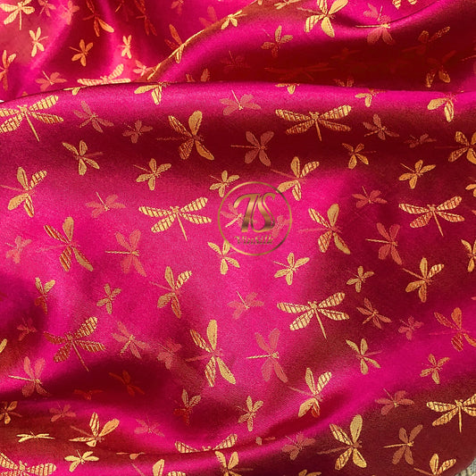 PURE MULBERRY SILK fabric by the yard - Pink silk with yellow pattern fabric - Handmade fabric – Dress making – Silk for sewing - Gift for women