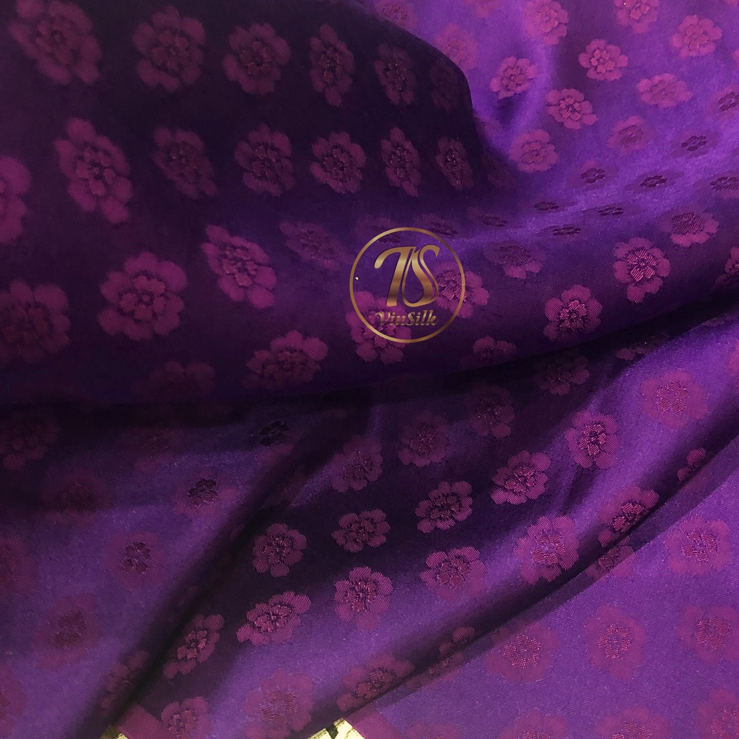 HUE Purple silk with peach pattern fabric, Pure mulberry silk, Handmade fabric, Organic fiber, Vintage textile