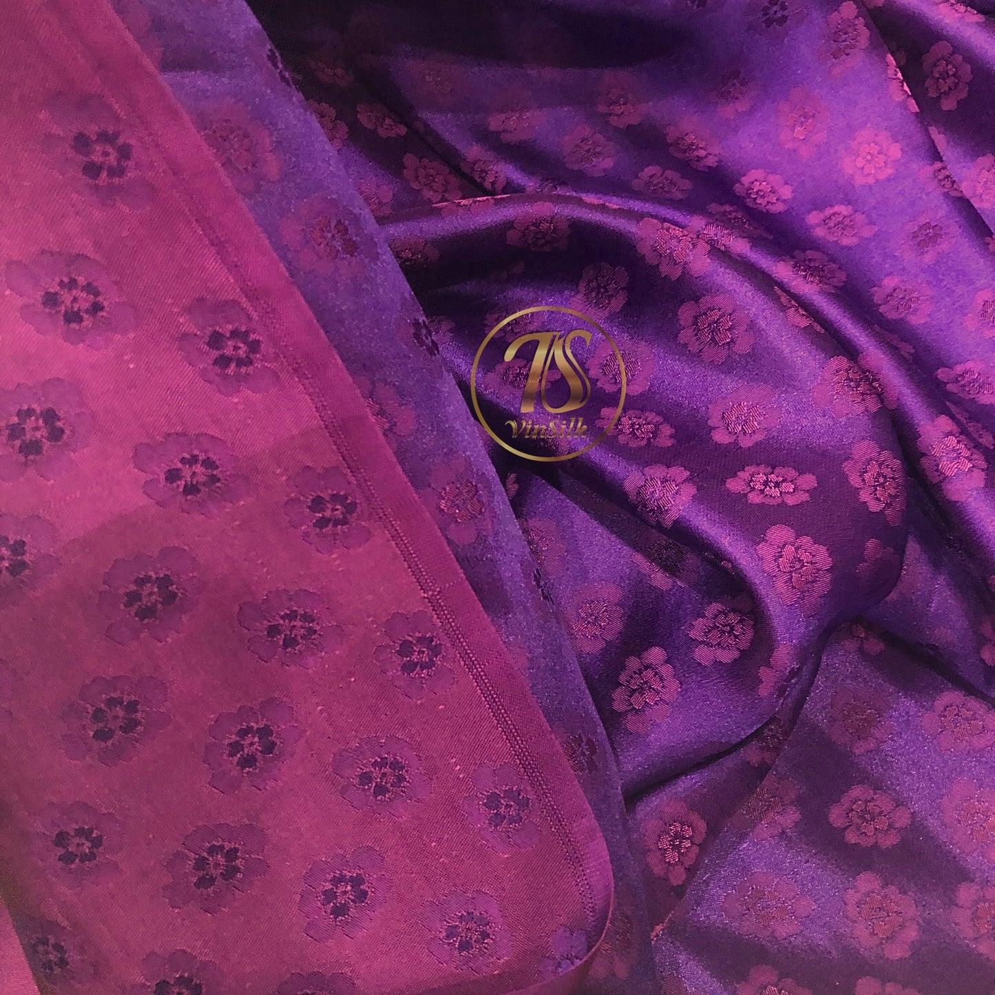 HUE Purple silk with peach pattern fabric, Pure mulberry silk, Handmade fabric, Organic fiber, Vintage textile