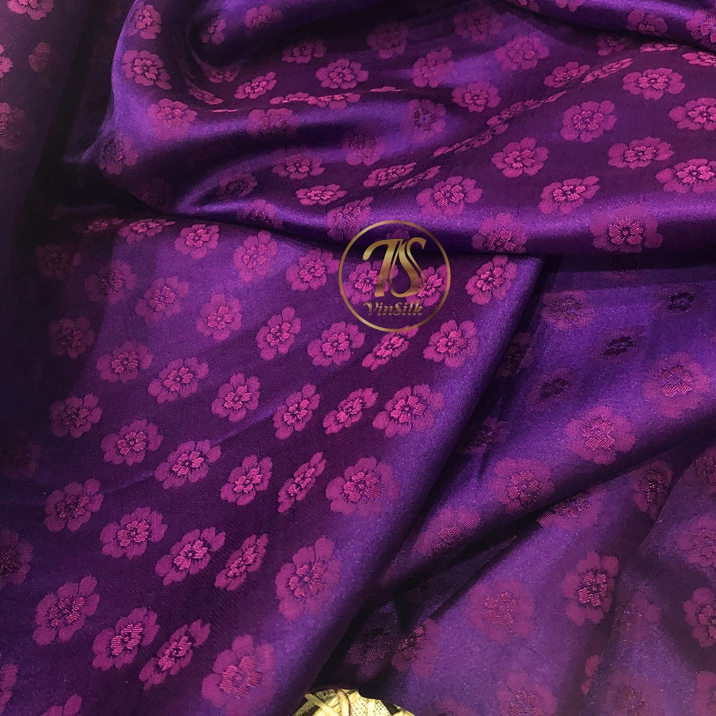 HUE Purple silk with peach pattern fabric, Pure mulberry silk, Handmade fabric, Organic fiber, Vintage textile