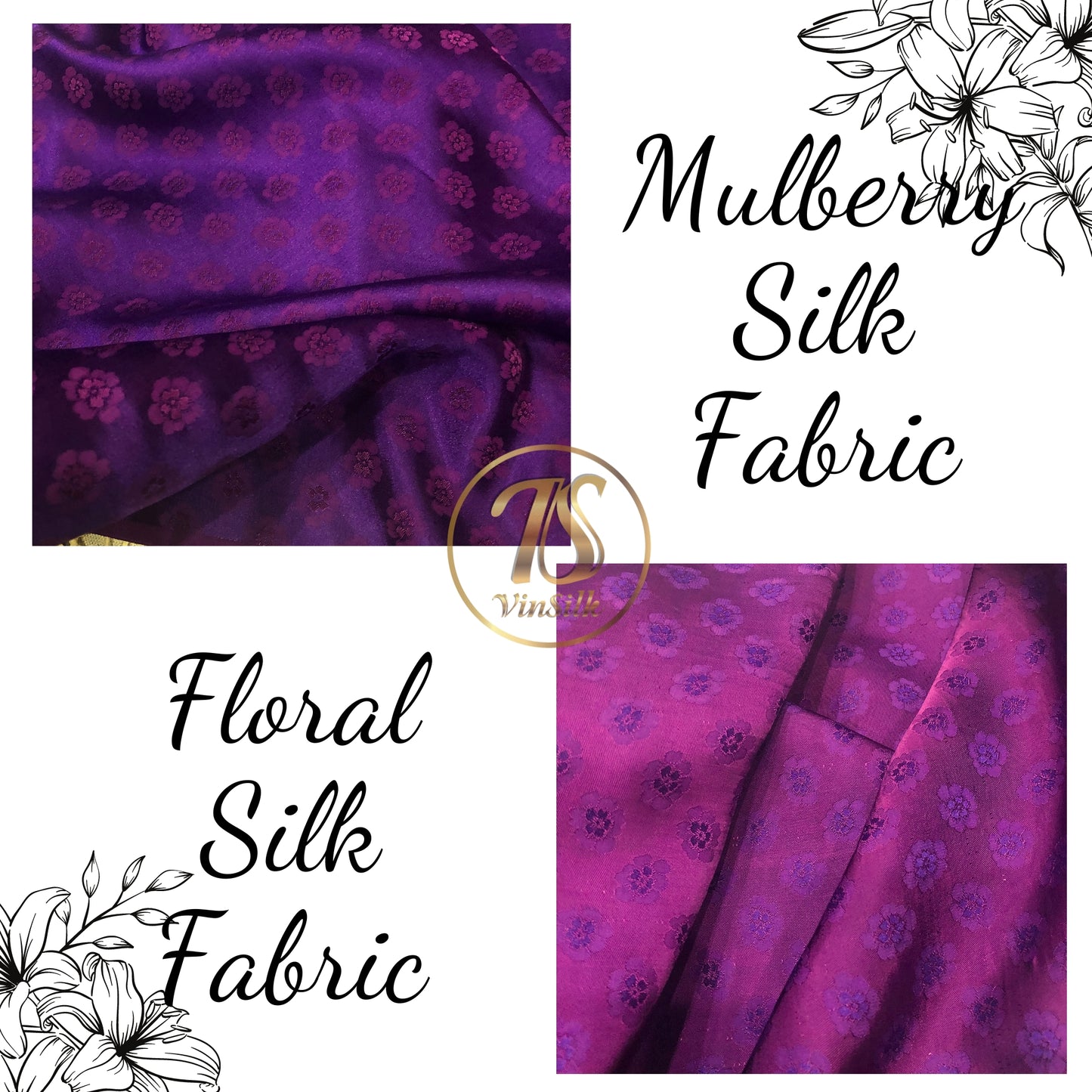 HUE Purple silk with peach pattern fabric, Pure mulberry silk, Handmade fabric, Organic fiber, Vintage textile