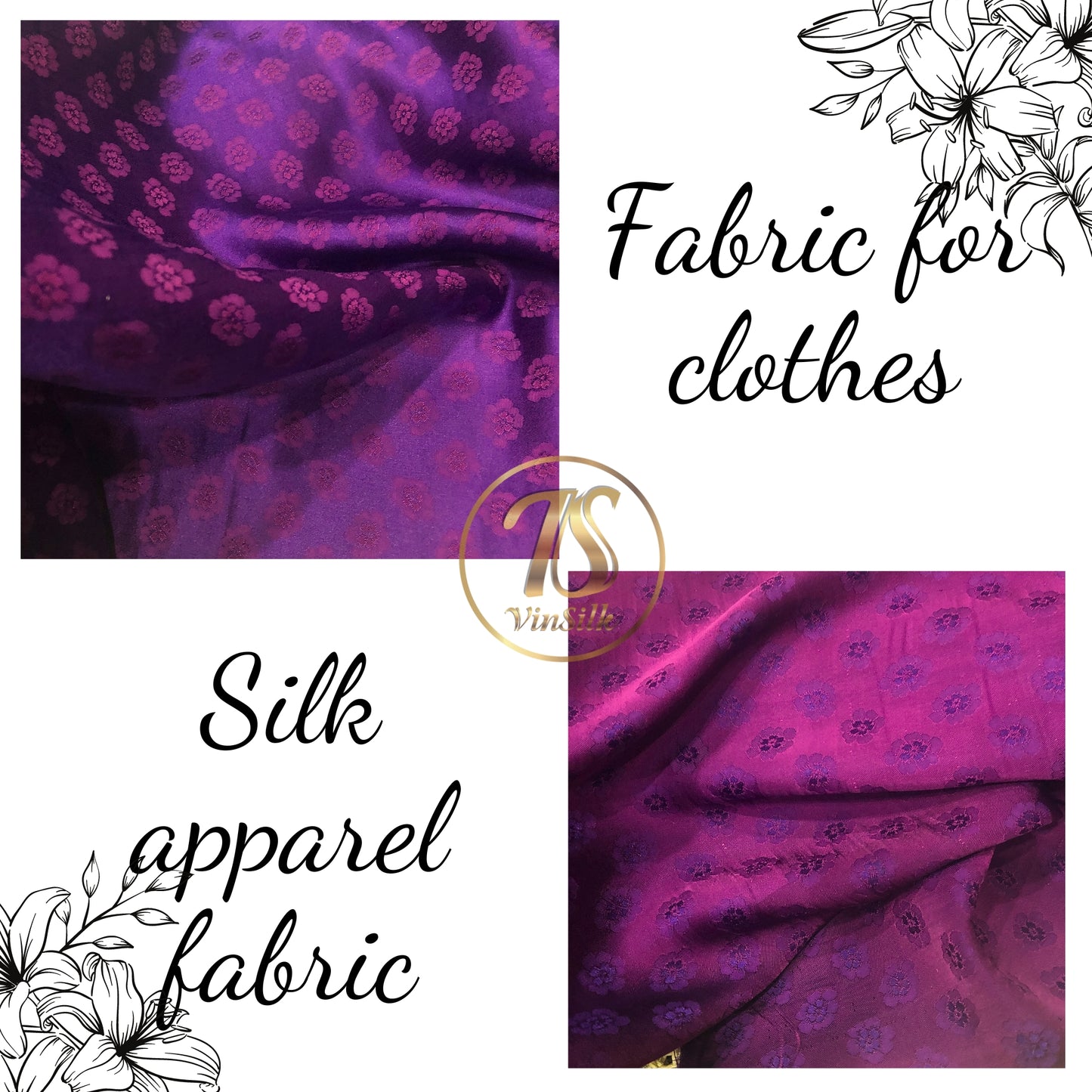 HUE Purple silk with peach pattern fabric, Pure mulberry silk, Handmade fabric, Organic fiber, Vintage textile