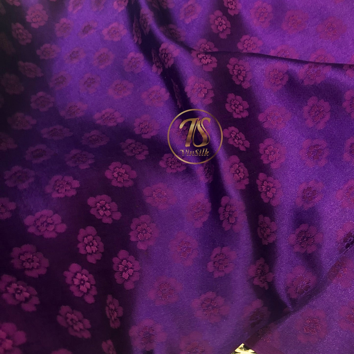 HUE Purple silk with peach pattern fabric, Pure mulberry silk, Handmade fabric, Organic fiber, Vintage textile