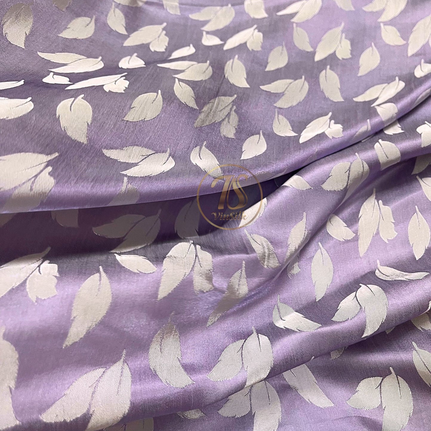 Light purple silk fabric with mulberry white leaves pattern, Pure mulberry silk, Handmade fabric, Organic fiber, Vintage textile