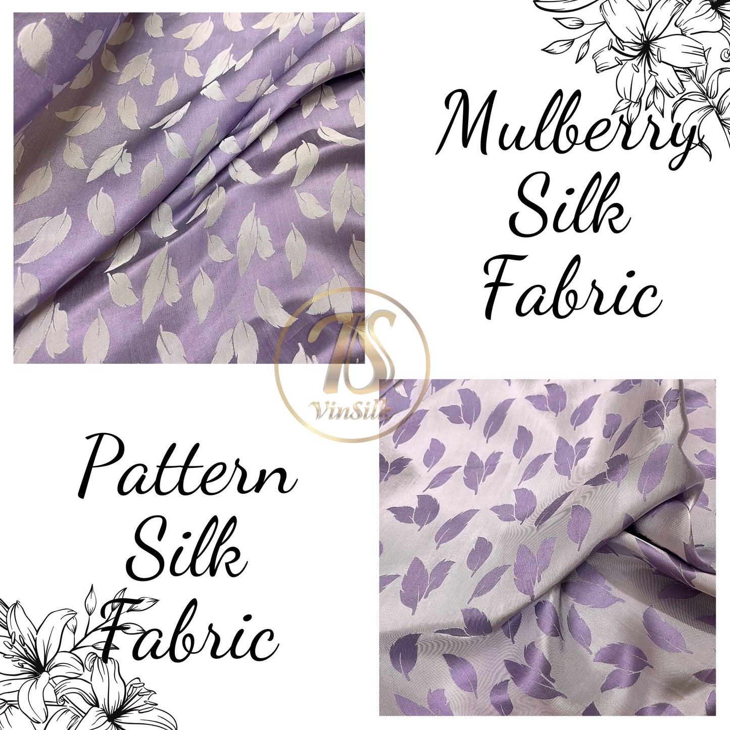 Light purple silk fabric with mulberry white leaves pattern, Pure mulberry silk, Handmade fabric, Organic fiber, Vintage textile