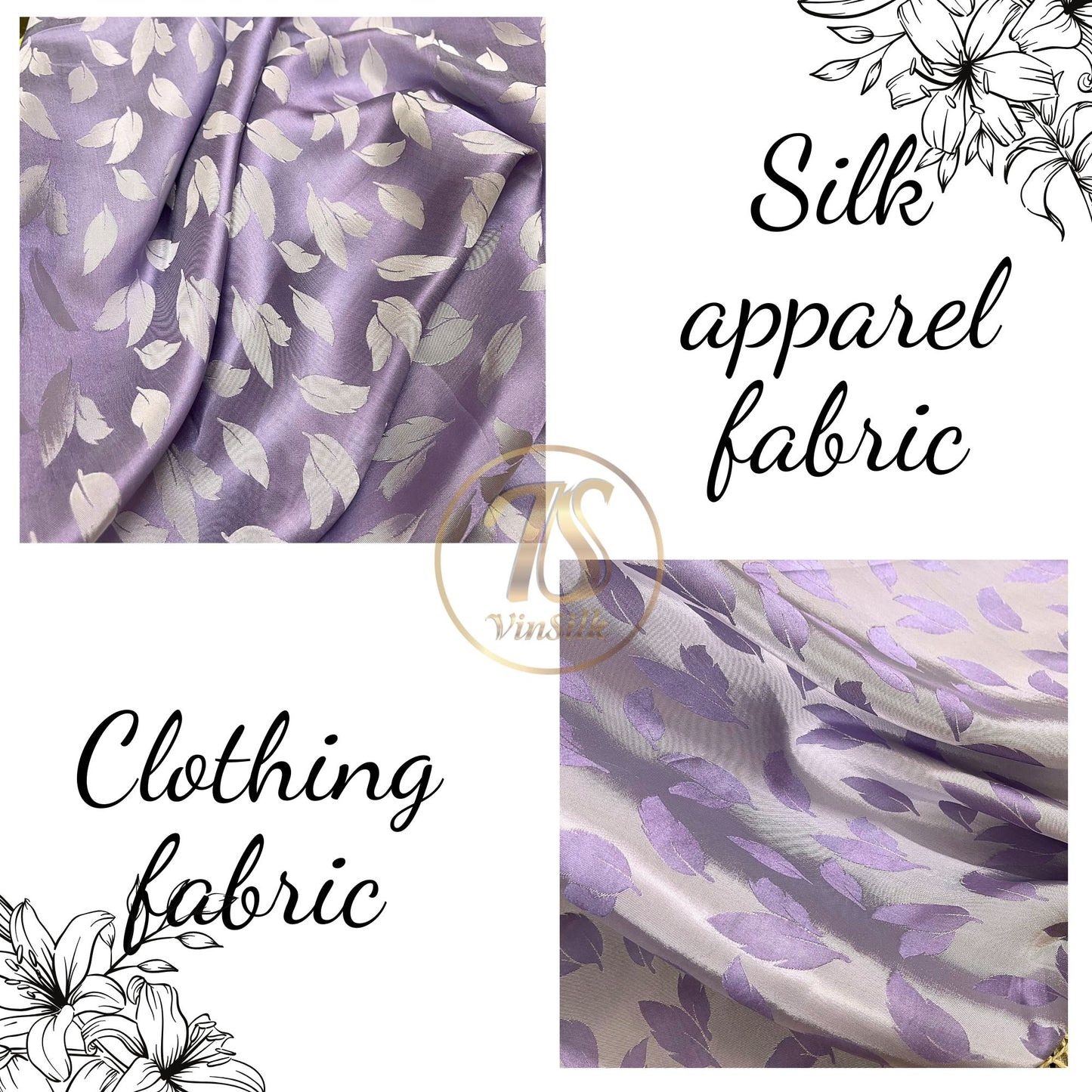 Light purple silk fabric with mulberry white leaves pattern, Pure mulberry silk, Handmade fabric, Organic fiber, Vintage textile