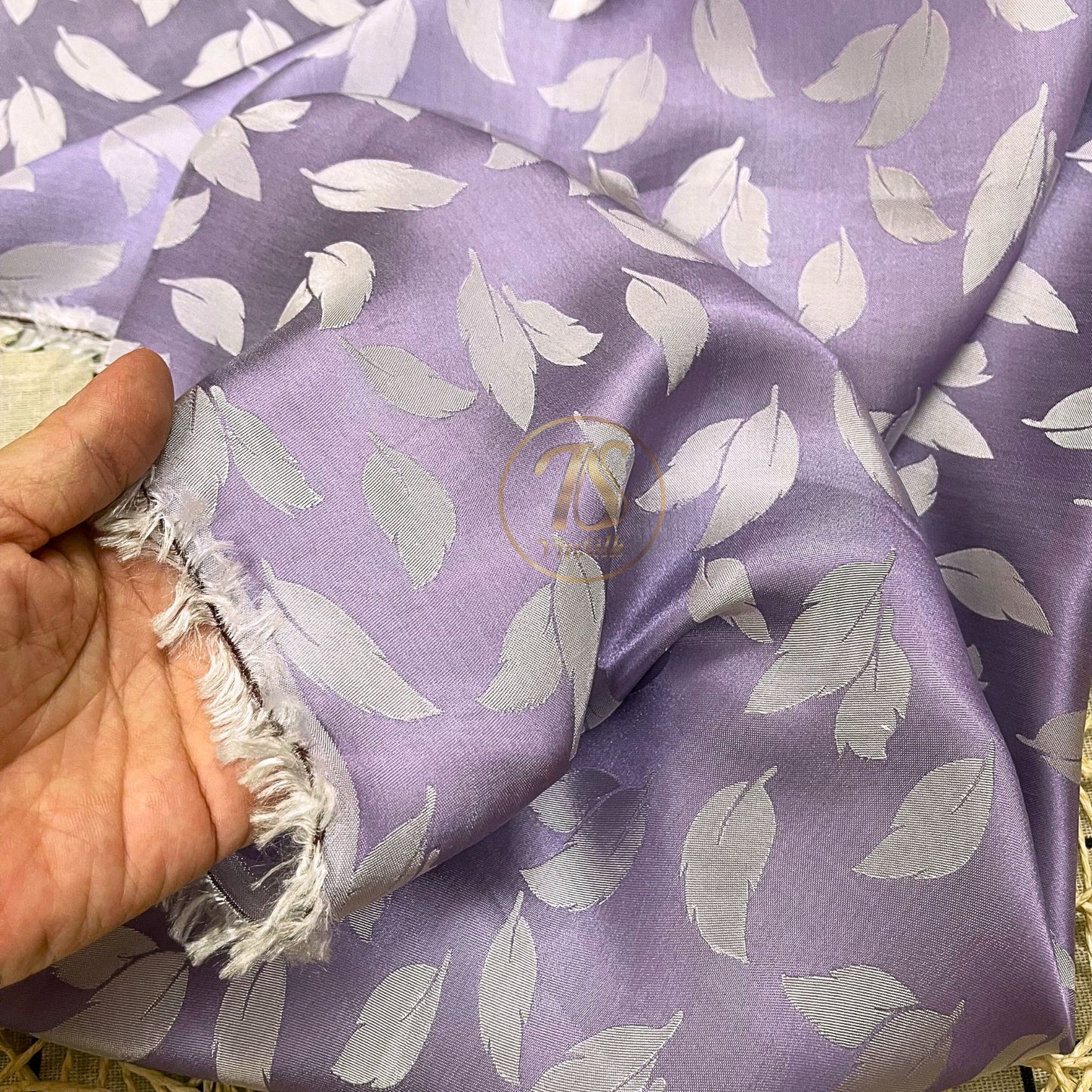 Light purple silk fabric with mulberry white leaves pattern, Pure mulberry silk, Handmade fabric, Organic fiber, Vintage textile