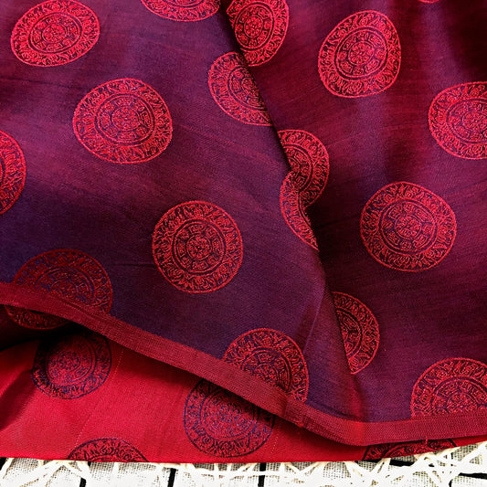 Dark red silk fabric with mulberry Bronze drum pattern, Pure mulberry silk, Handmade fabric, Organic fiber, Vintage textile