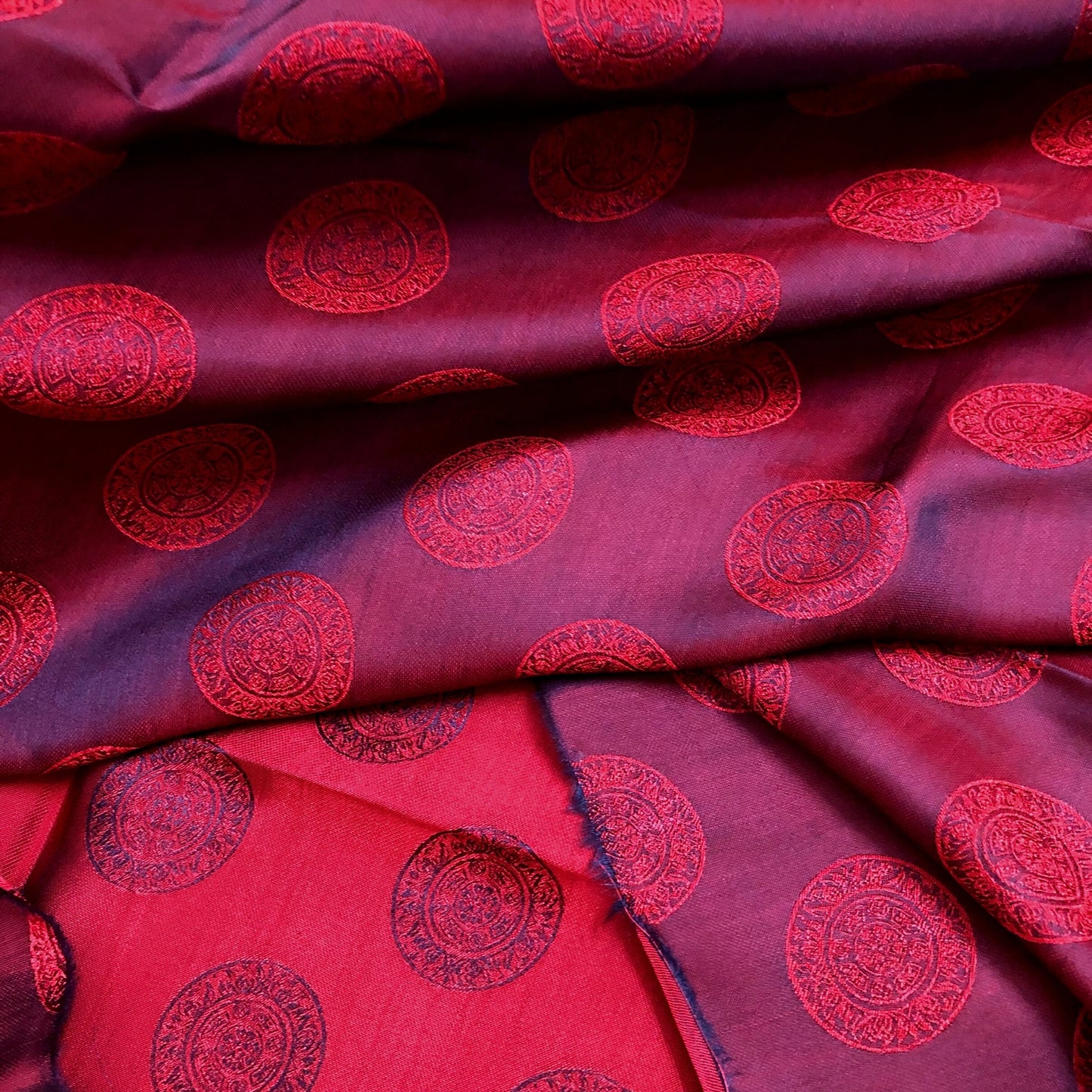 Dark red silk fabric with mulberry Bronze drum pattern, Pure mulberry silk, Handmade fabric, Organic fiber, Vintage textile