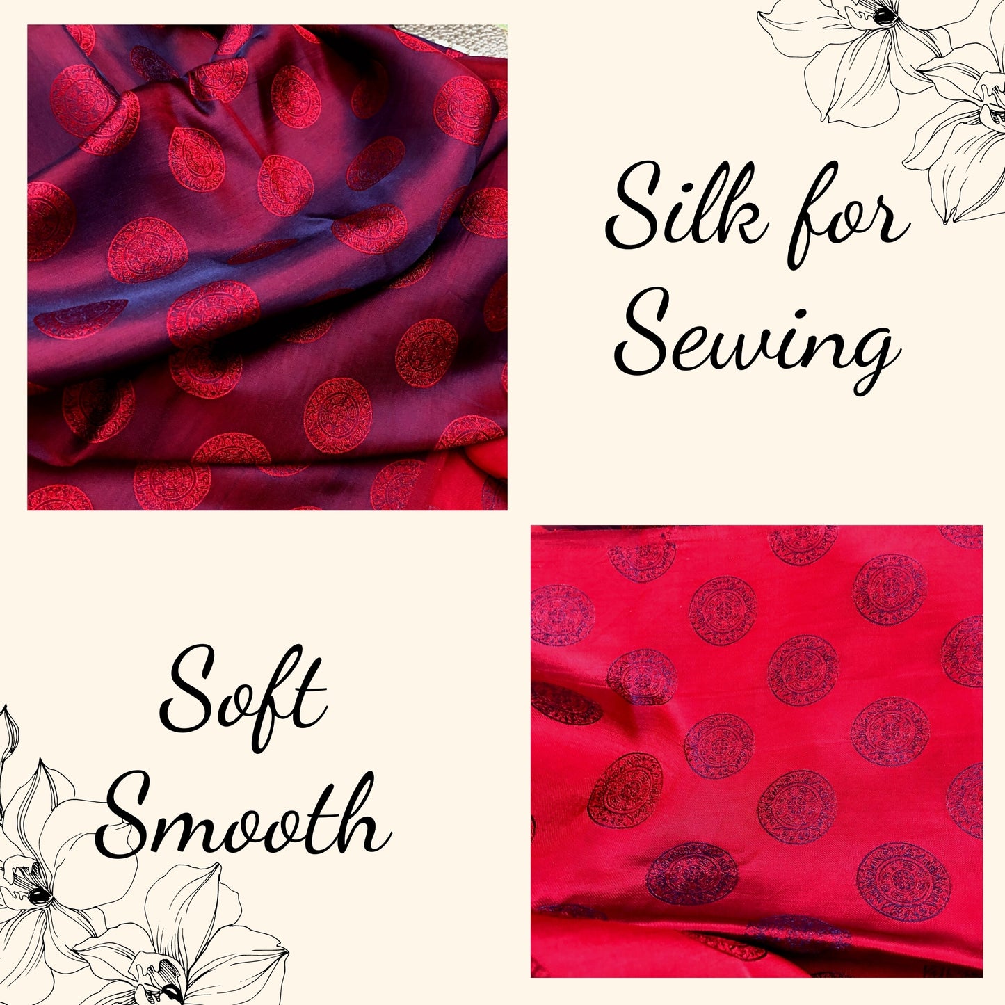 Dark red silk fabric with mulberry Bronze drum pattern, Pure mulberry silk, Handmade fabric, Organic fiber, Vintage textile