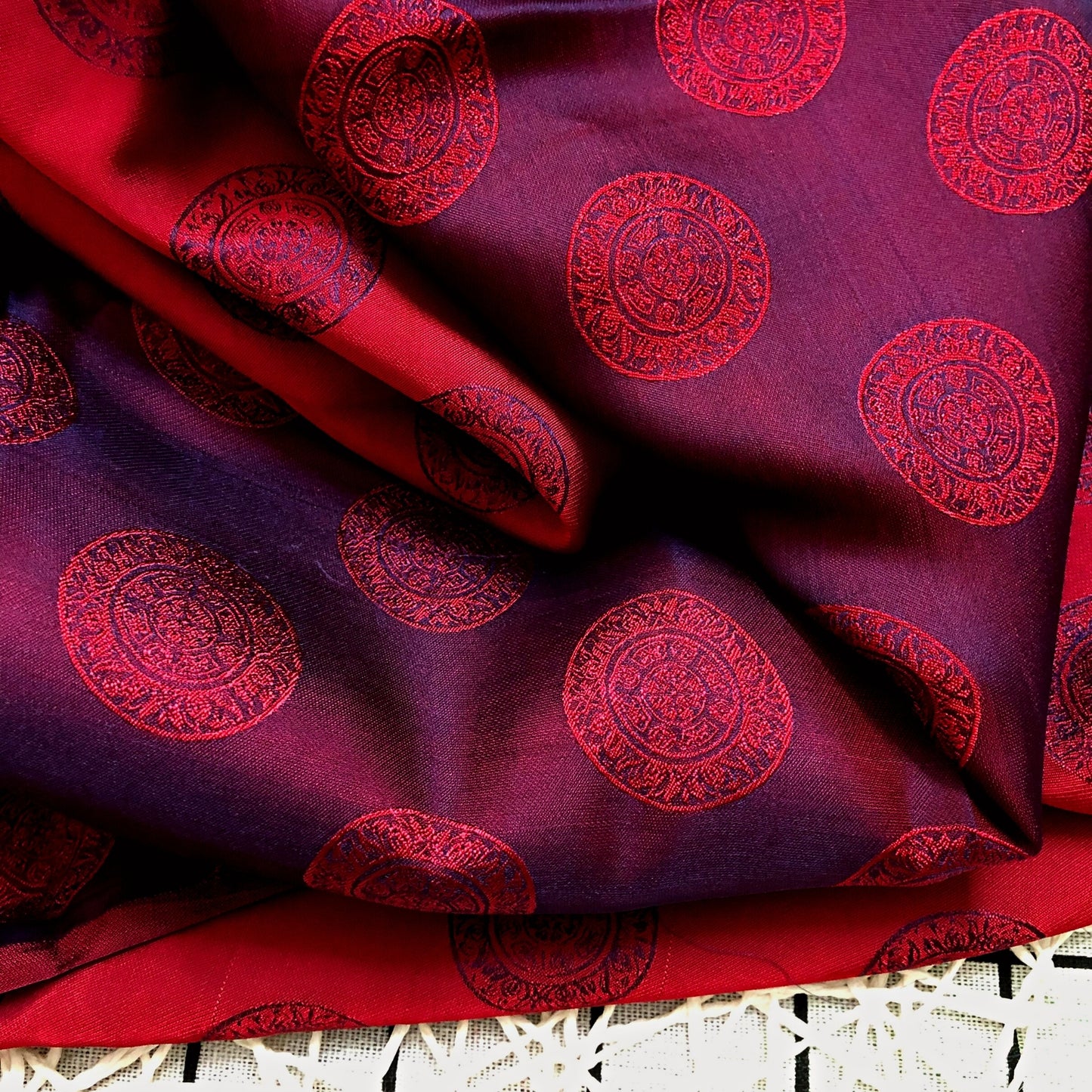 Dark red silk fabric with mulberry Bronze drum pattern, Pure mulberry silk, Handmade fabric, Organic fiber, Vintage textile
