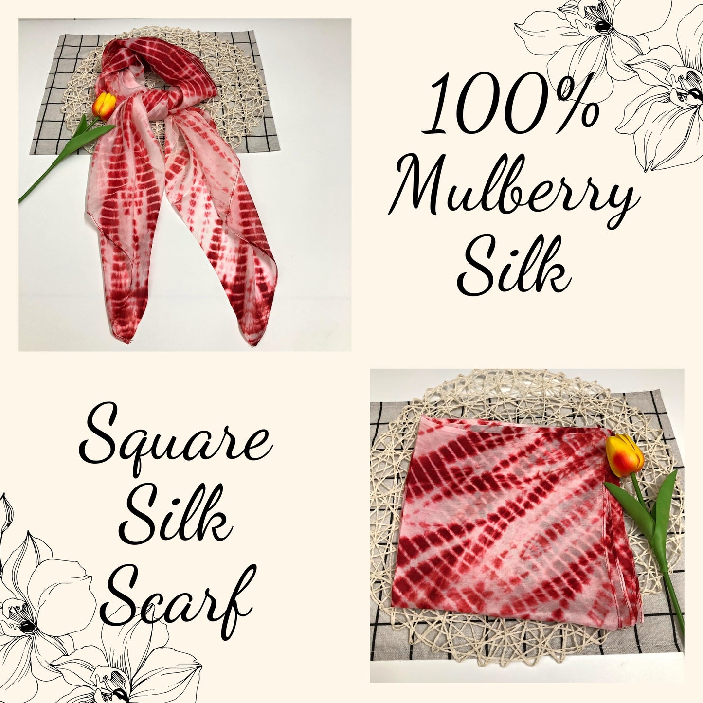 100% MULBERRY SILK SCARF - Pure mulberry silk - Red Square Scarf - Women's Scarves - Fashion Scarf - Gift for her