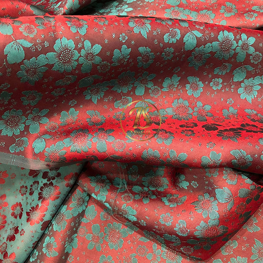 PURE MULBERRY SILK fabric by the yard - Red silk with gray floral pattern - Handmade fabric – Dress making – Silk for sewing - Gift for women