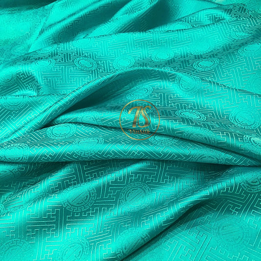 Blue Sky silk with chiness seal pattern, Floral silk fabric, Pure mulberry silk, Handmade fabric, Organic fiber