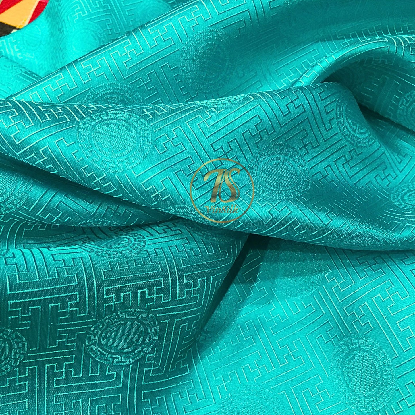 Blue Sky silk with chiness seal pattern, Floral silk fabric, Pure mulberry silk, Handmade fabric, Organic fiber