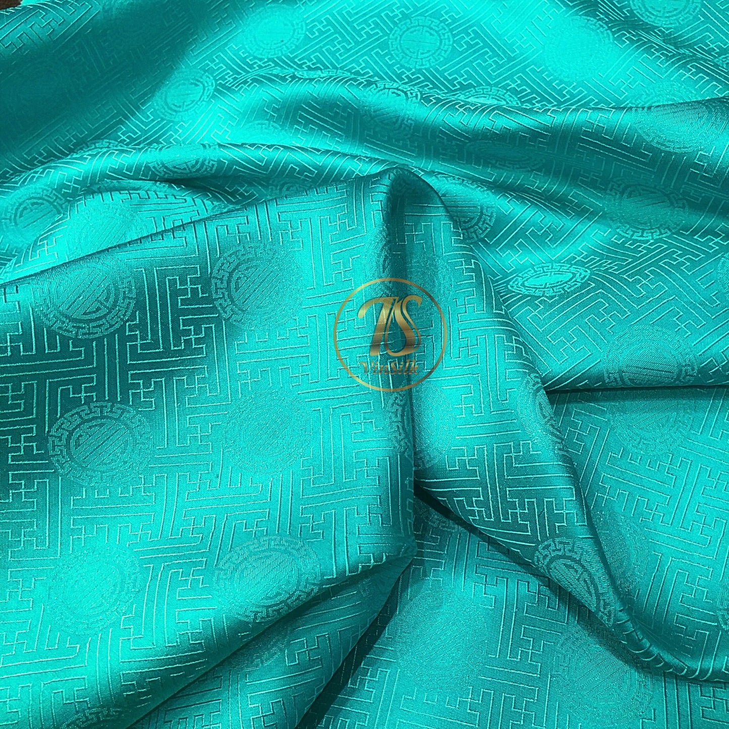 Blue Sky silk with chiness seal pattern, Floral silk fabric, Pure mulberry silk, Handmade fabric, Organic fiber