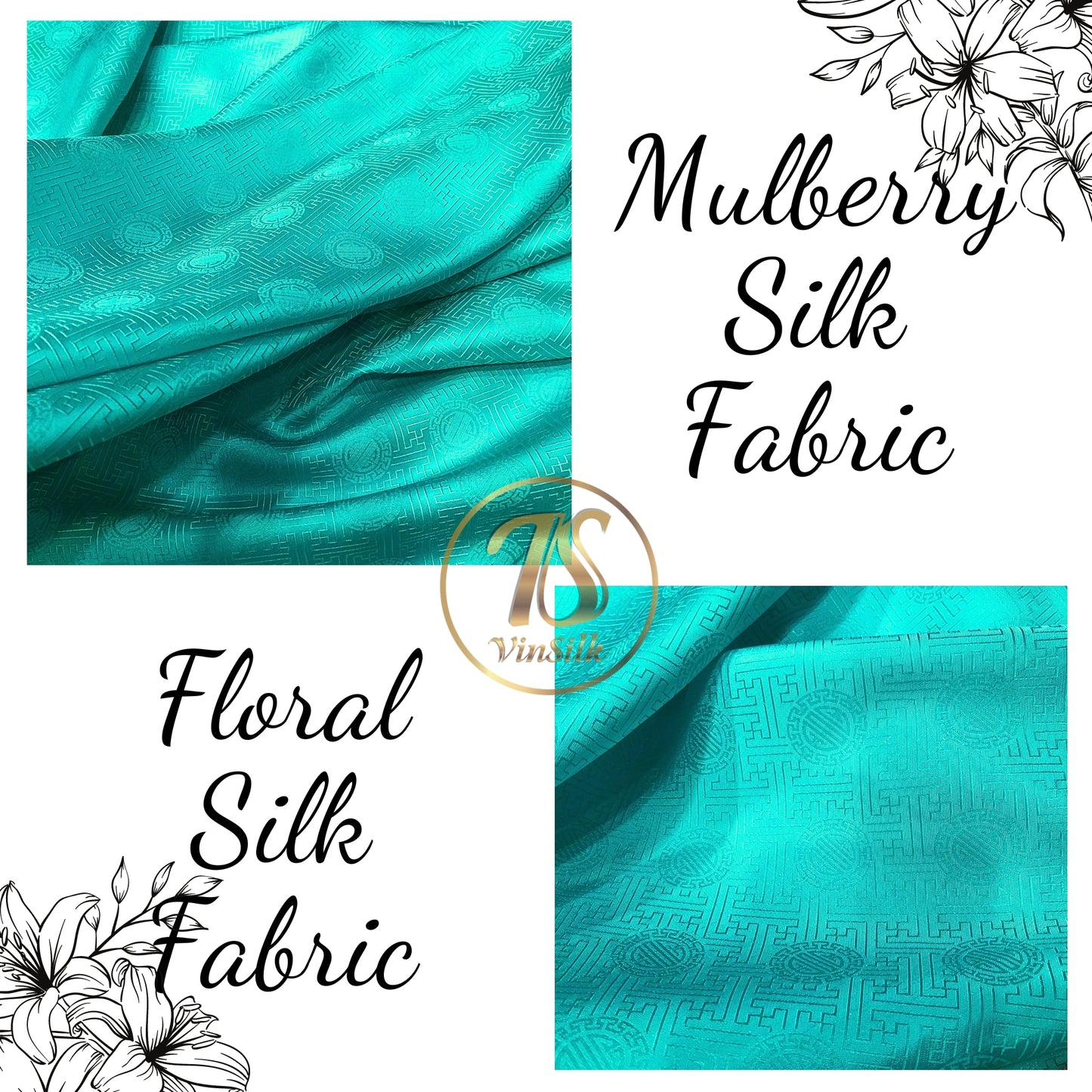 Blue Sky silk with chiness seal pattern, Floral silk fabric, Pure mulberry silk, Handmade fabric, Organic fiber