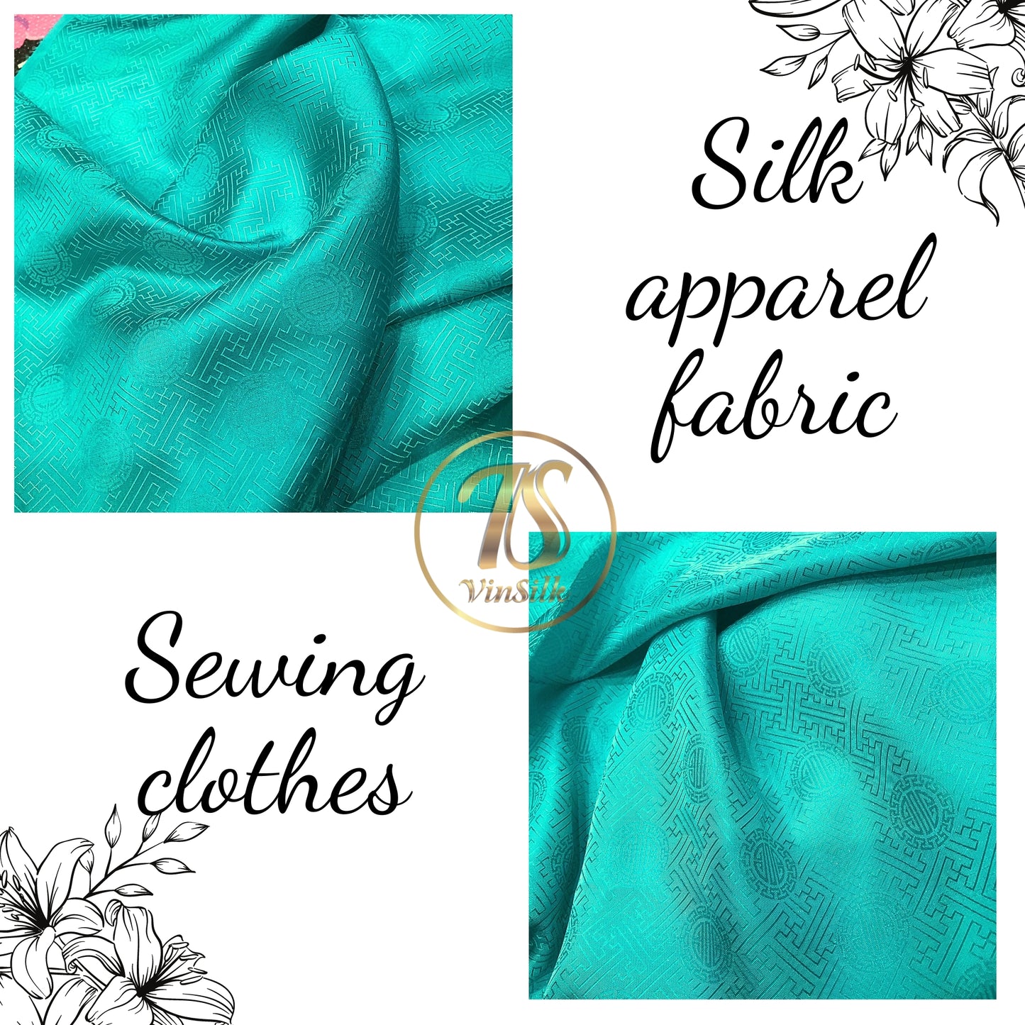 Blue Sky silk with chiness seal pattern, Floral silk fabric, Pure mulberry silk, Handmade fabric, Organic fiber