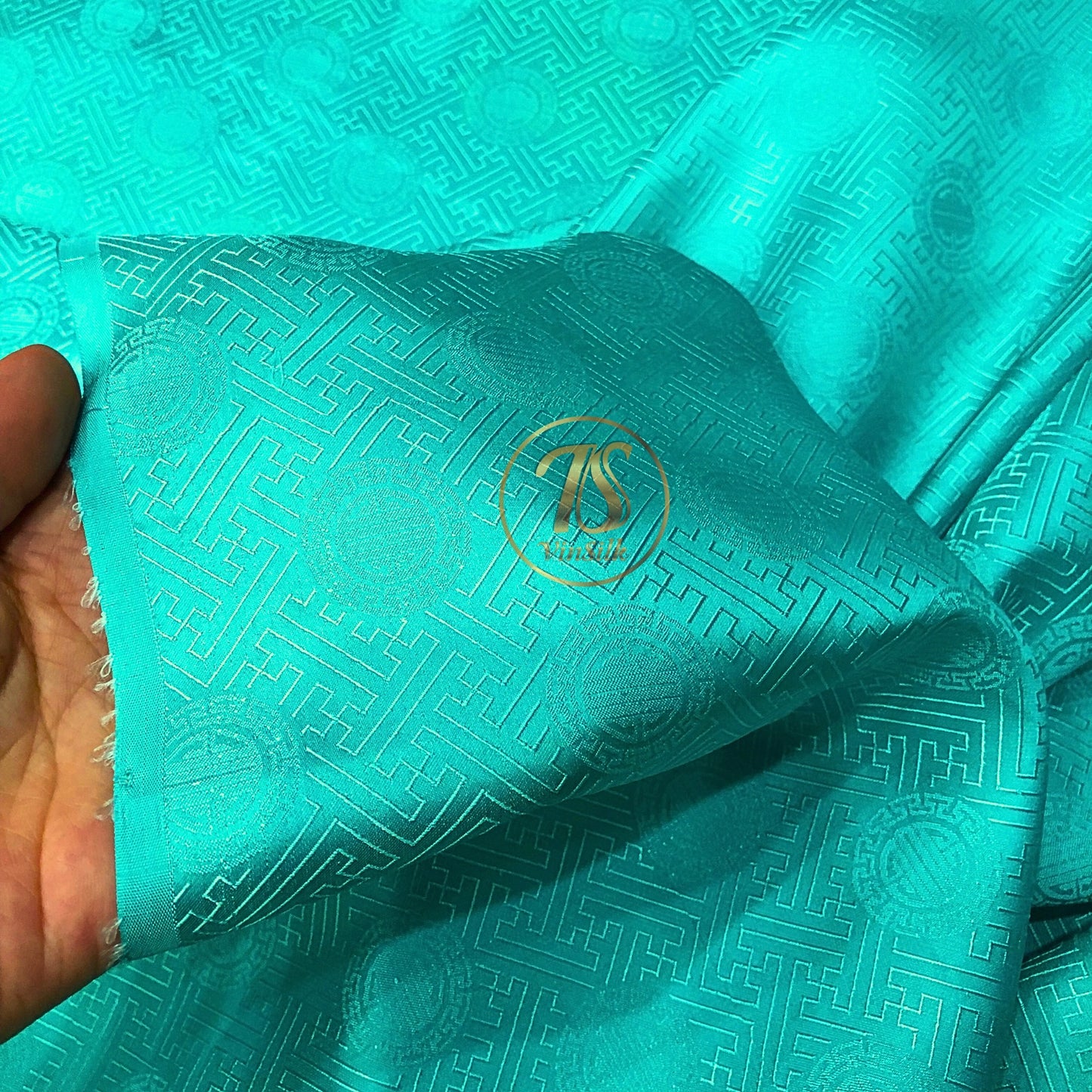 Blue Sky silk with chiness seal pattern, Floral silk fabric, Pure mulberry silk, Handmade fabric, Organic fiber