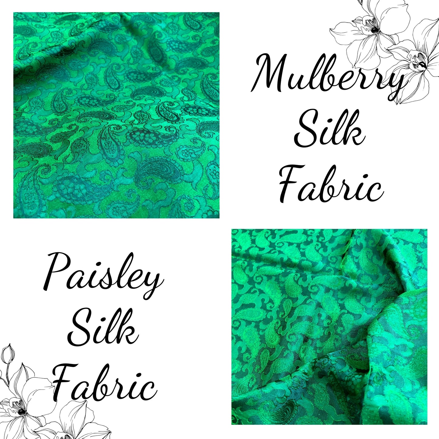 Green fabric with mulberry peacock tails pattern, Pure mulberry silk, Handmade fabric, Organic fiber