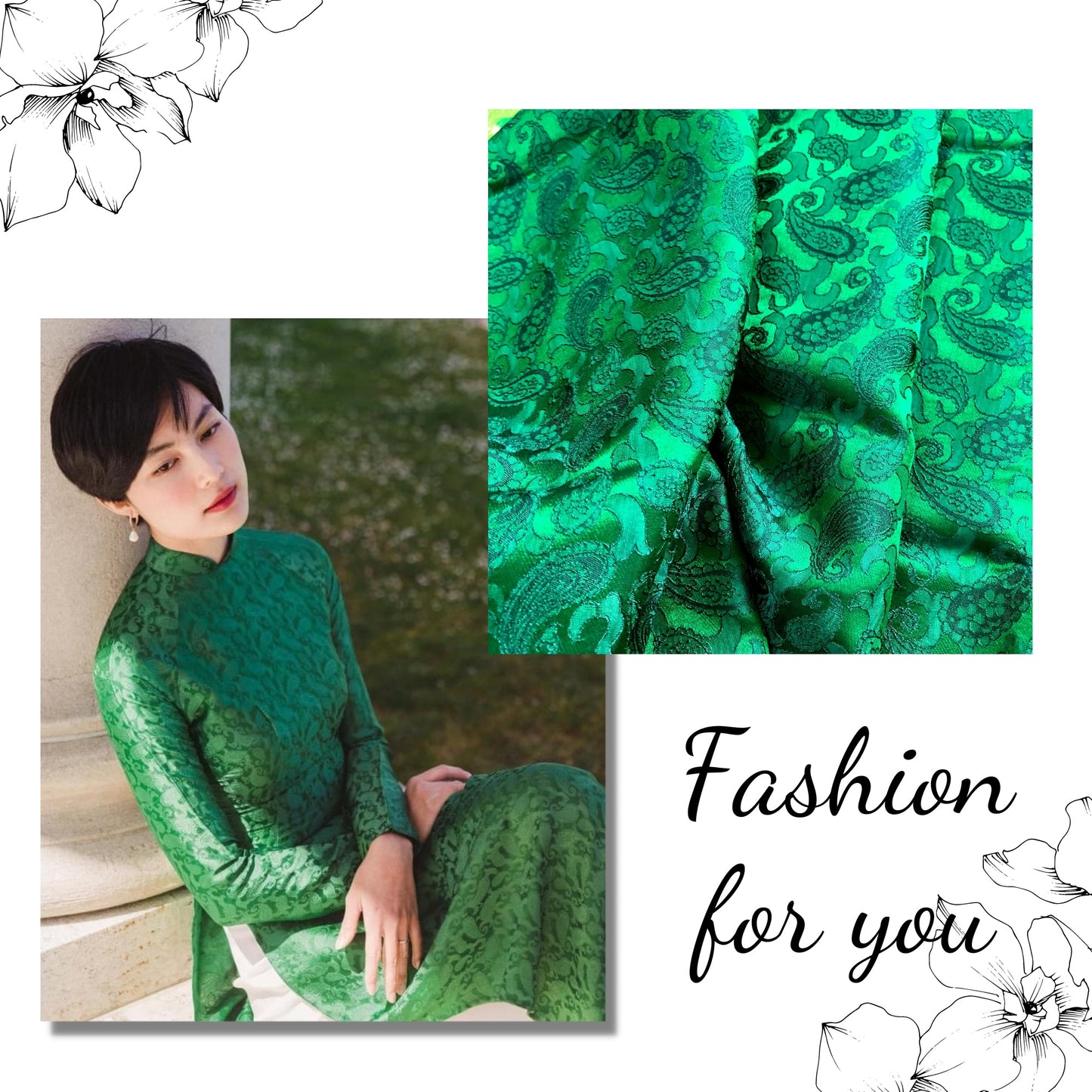 Green fabric with mulberry peacock tails pattern, Pure mulberry silk, Handmade fabric, Organic fiber