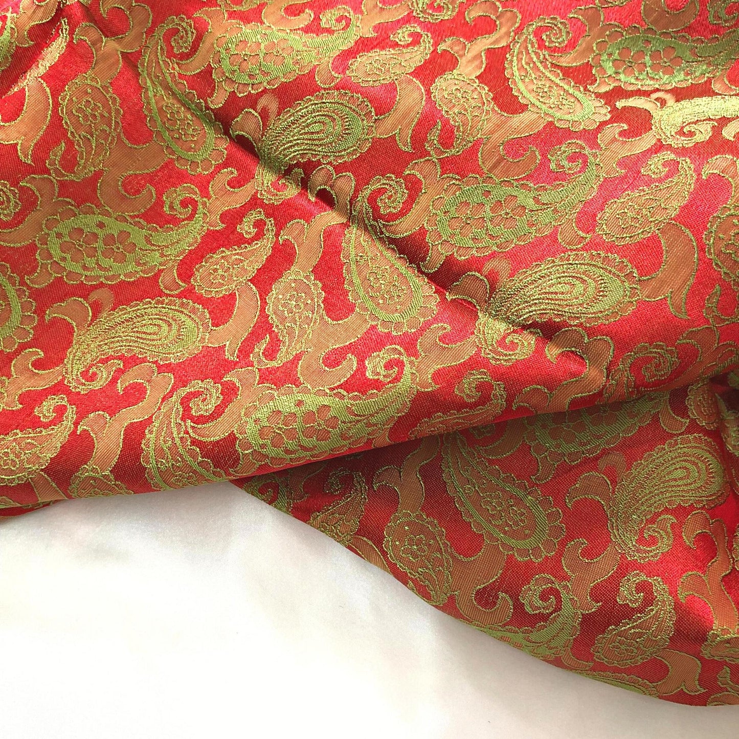 Orange Red fabric with mulberry peacock tails pattern, Pure mulberry silk, Handmade fabric, Organic fiber
